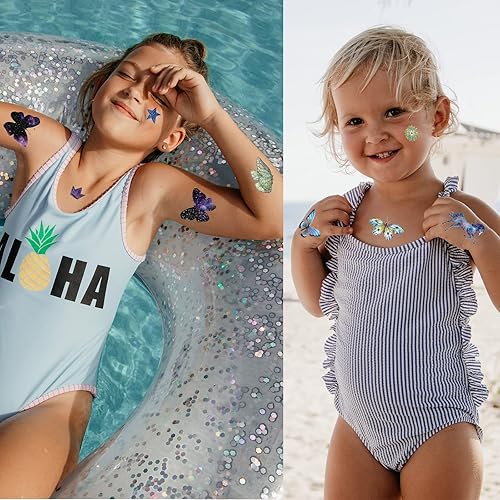 Miniatura 6 de Tatuaje temporal con purpurina para niñas, 16 hojas de tatuajes temporales para niños y mujeres, tatuajes de mariposas, alas de mariposas,