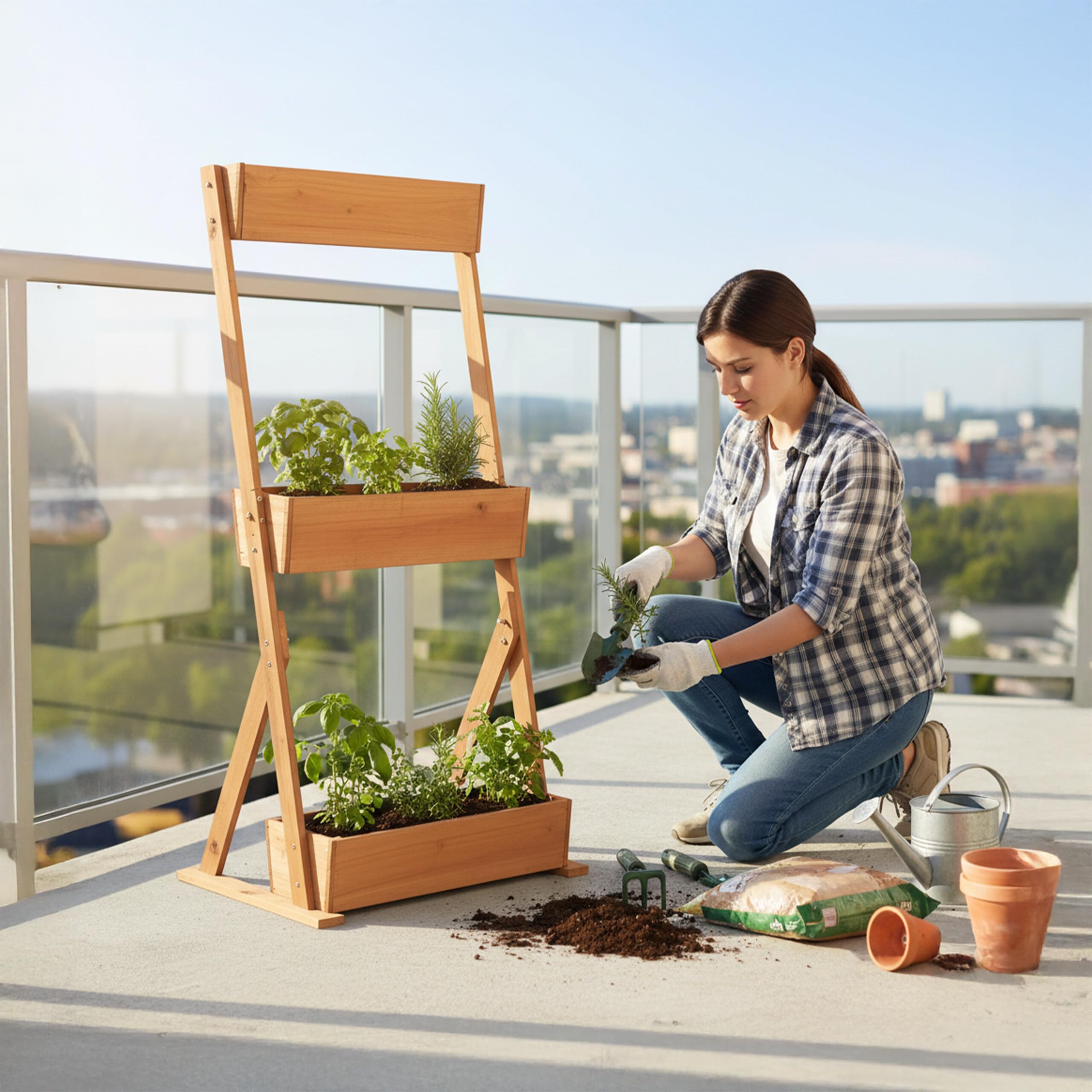 Relaxdays Potager Vertical en Bois avec 3 bacs surélevés, géotextile, Accessoires, 140x60x50 cm, Naturel