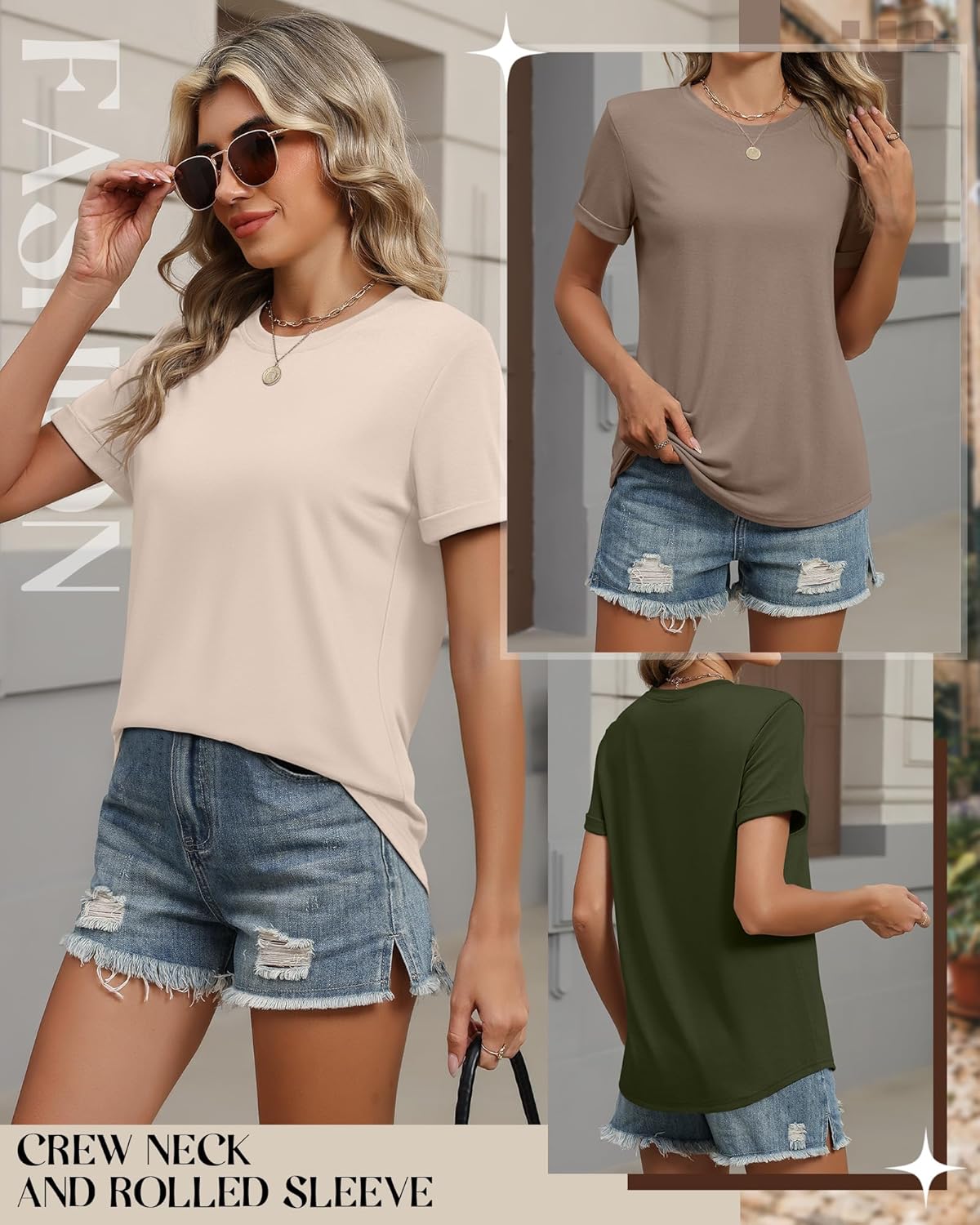 3 Pack Women's Short Sleeve T-Shirts Casual Crewneck Tops Basic Loose Fit Rolled Sleeve Tees Summer Plain Shirts
