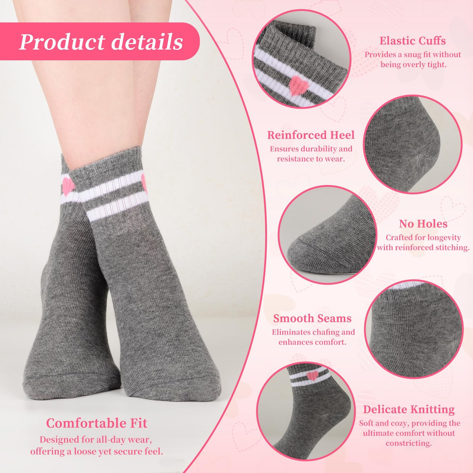 Lot de 6 paires de chaussettes de sport en coton pour enfants avec rayures mignonnes cœurs, chaussettes extensibles pour filles et garçons de 3 à 12 ans