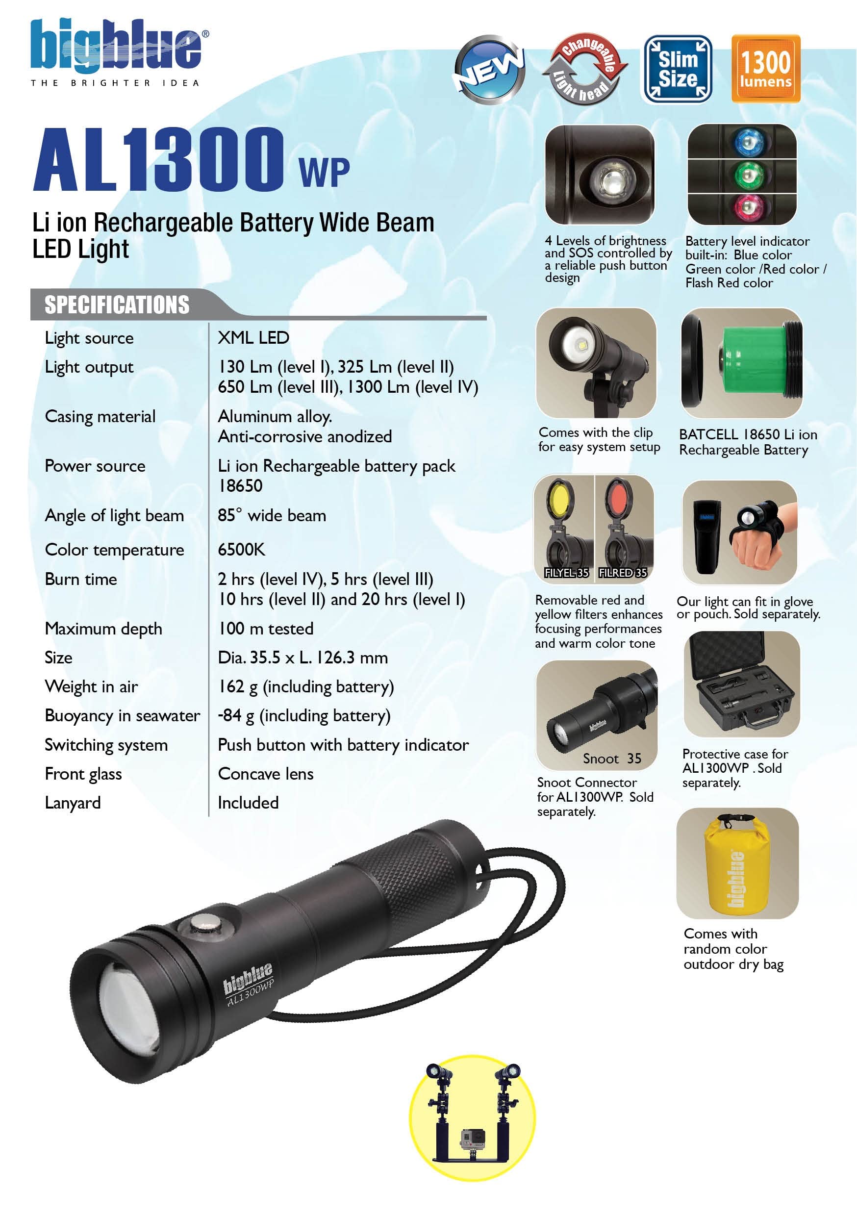 Amazon.com: Bigblue AL 1300 Lumen Wide Beam Dive Light : Sports