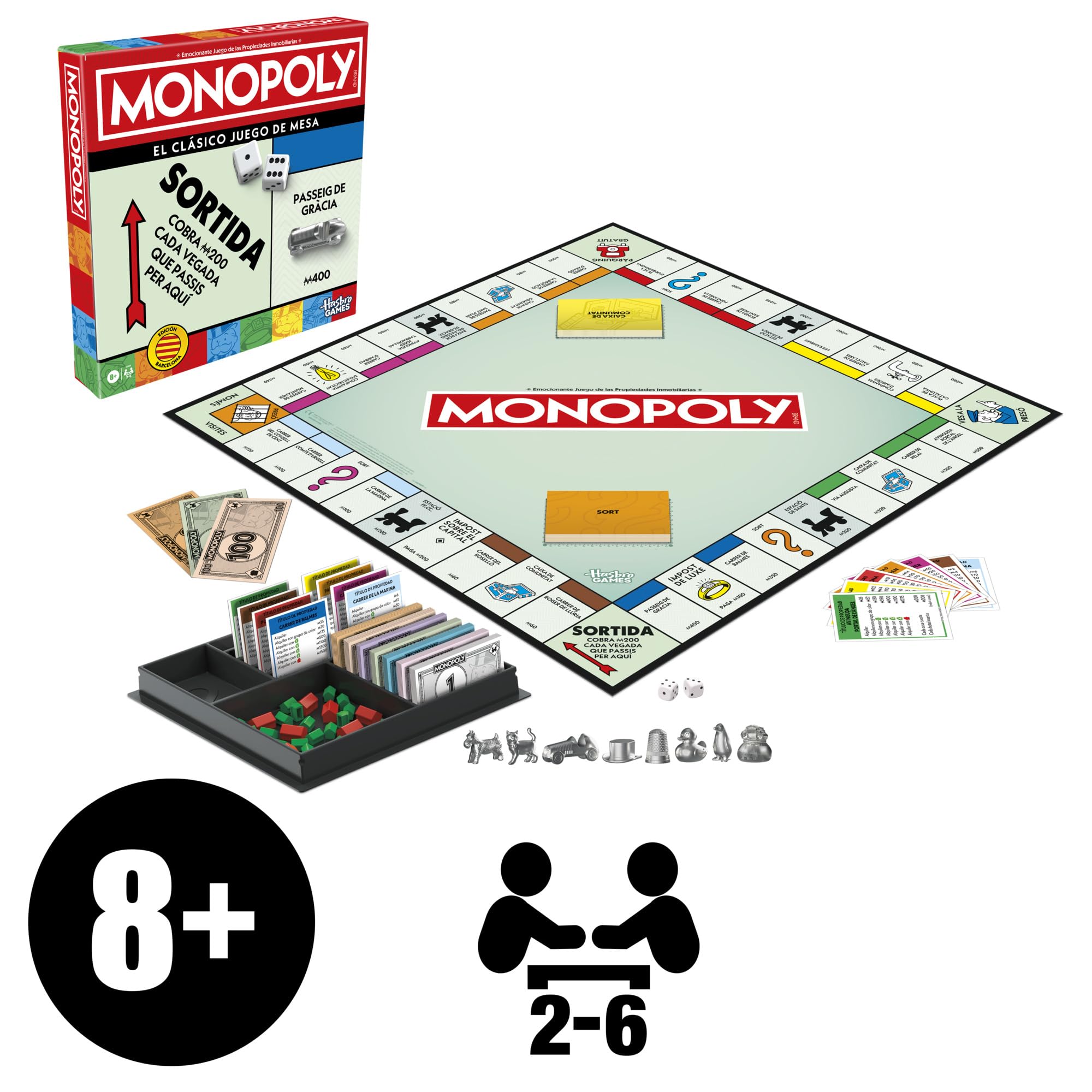 Juego de Mesa Monopoly con Bandeja de Almacenamiento y peones Grandes - Versión catalana en español