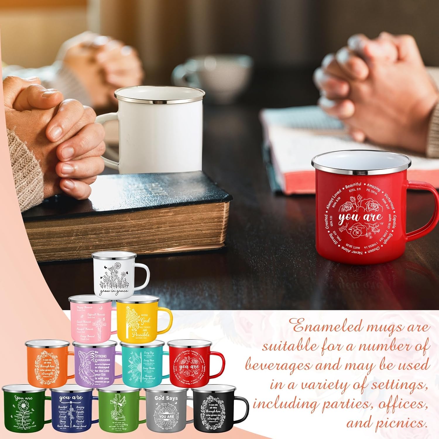 Zhehao 12 Pcs Mother's Day Christian Enamel Coffee Mugs Gifts Bulk 12oz Inspirational Religious Bible Verse Cups with Handles Church Faith Gifts for Women Mom Volunteer Team Staff Party Favors