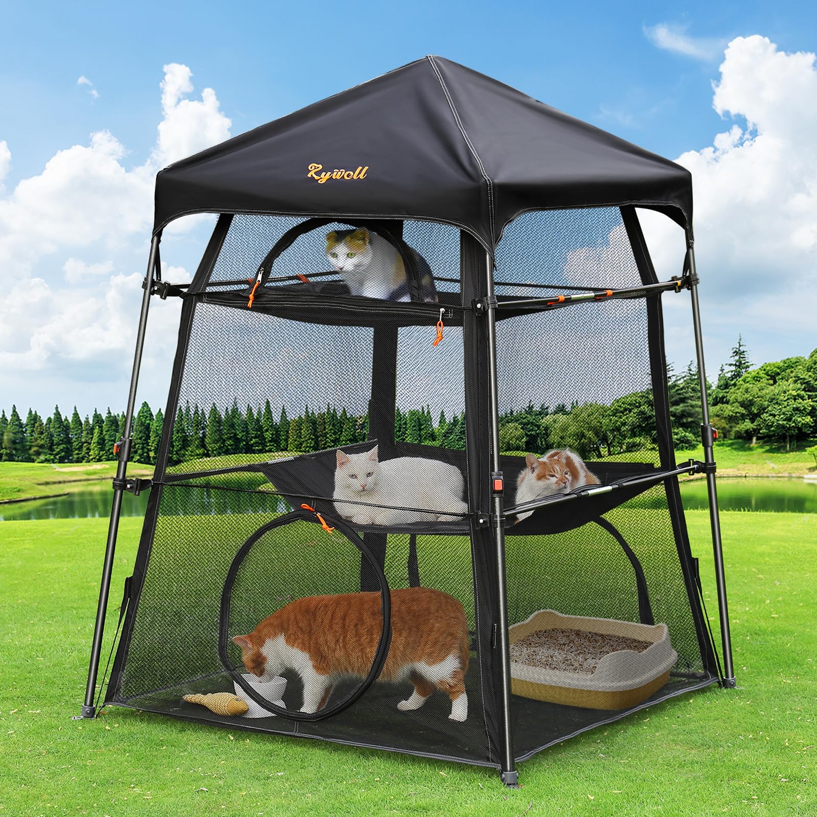 Extra Large Catio Outdoor Cat Enclosure, Rywell 3-Tier Spacious Outdoor Cat Tent, Weatherproof&Sunproof with 5 Windows, Foldable Cat Enclosure for Patio, Camping, Indoor(Includes Carry Bag)