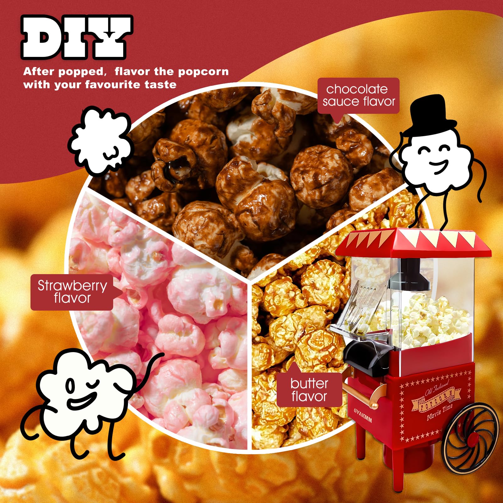 Macchina per popcorn, kit per popcorn ad aria calda, confezione regalo, macchina portatile per popcorn casalinga, 10 tazze, senza olio, stile retrò, compatta e carina (rosso-9)