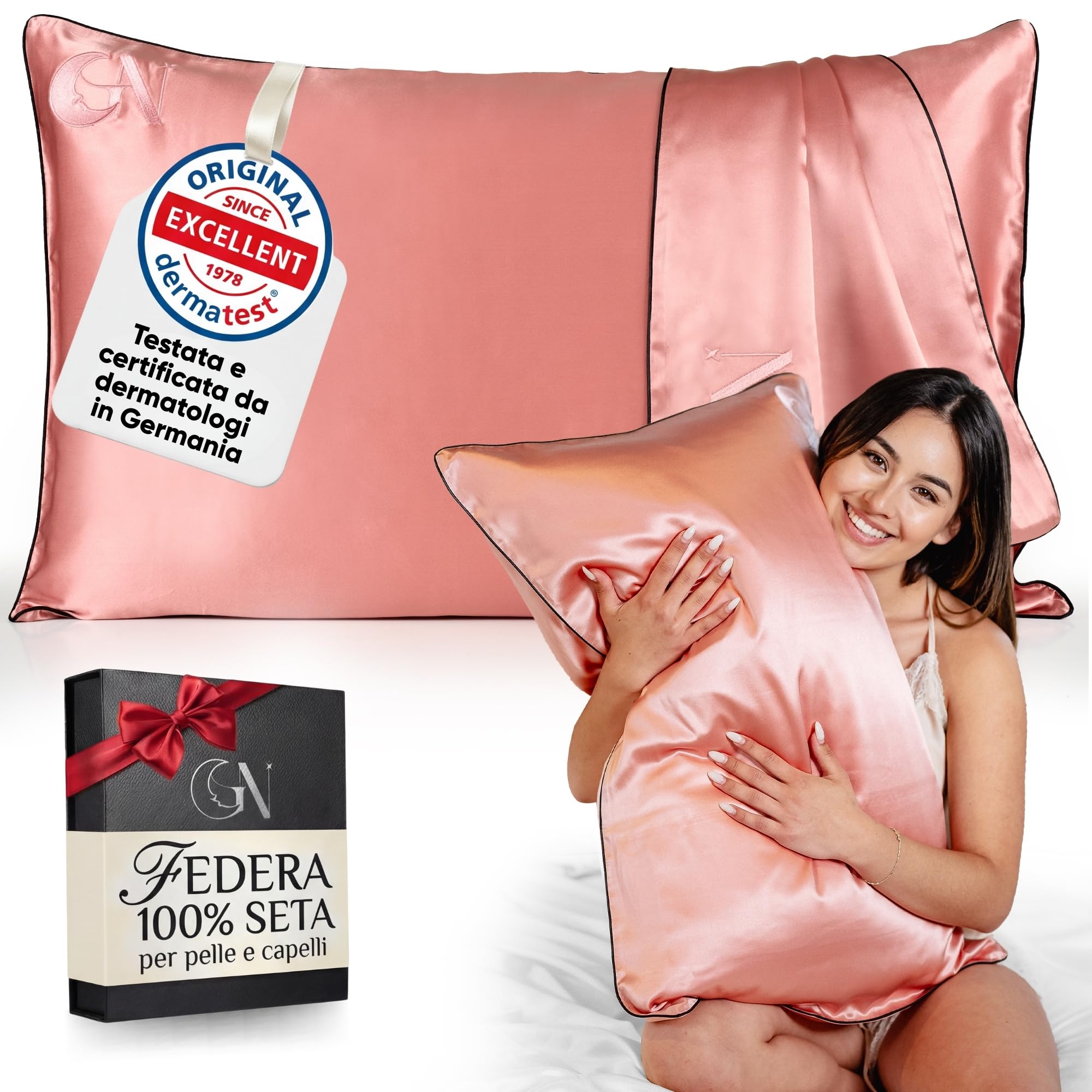 Federa Seta Cuscino 50x80 Certificata da Dermatologi per Pelle e Capelli | Federa in seta per capelli | Massima qualitá 6A, 22 momme | Silk pillowcase (Rosa Antico - bordino Nero)
