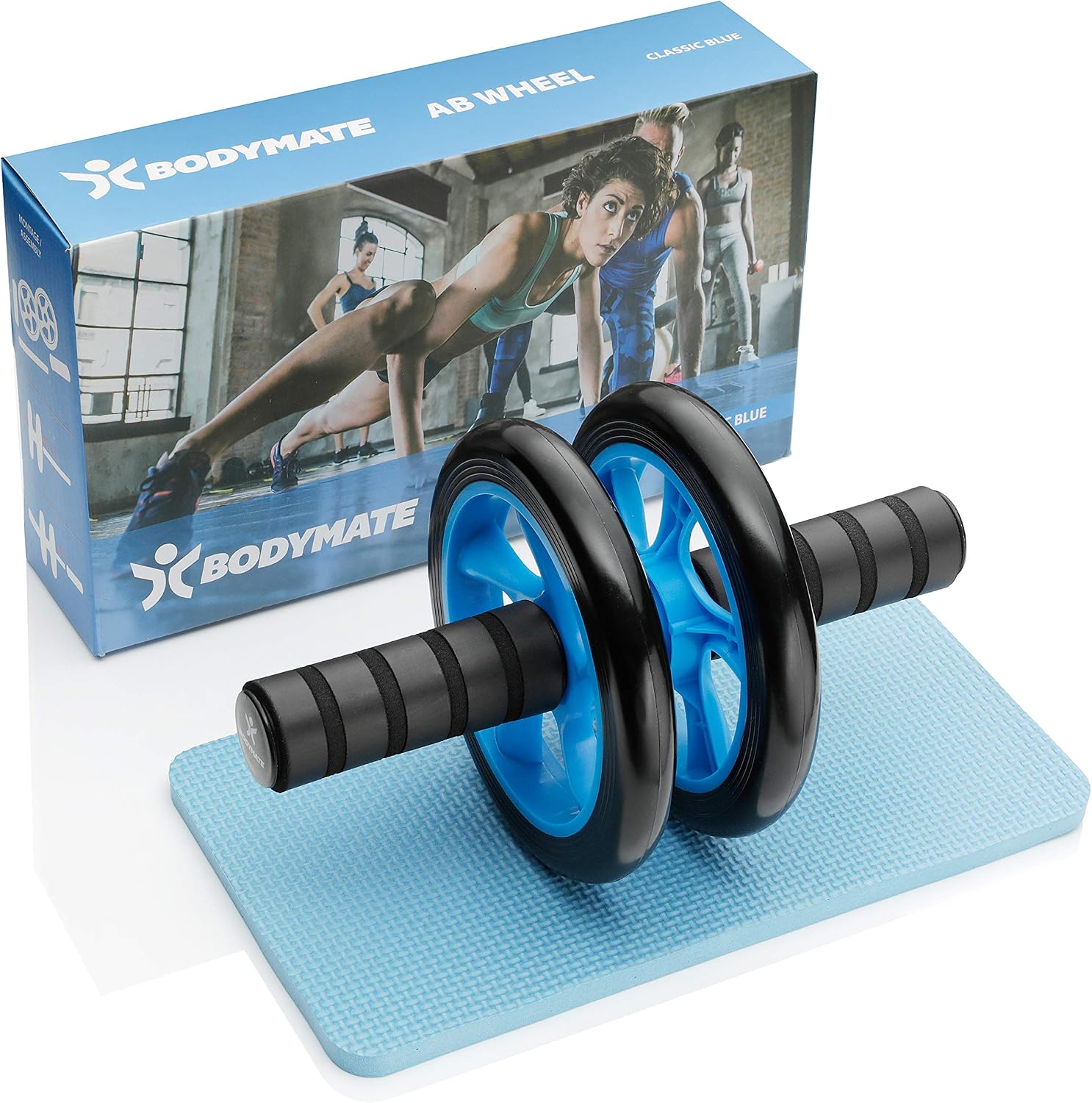 BODYMATE Abdominal Exercise Roller - Classic Blue - Dual Wheel with Foam Handles - Includes Extra Thick Knee pad - Ab Wheel