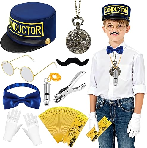 32 piezas de accesorios de disfraz de conductor de tren de Navidad con sombrero de conductor "Believe", reloj de bolsillo para boleto y silbato de