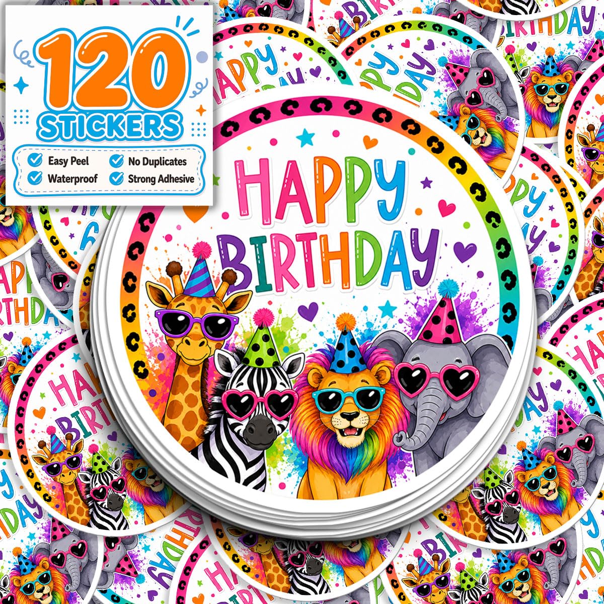 120pcs Happy Birthday Stickers Round Cute Birthday Seals 2 Inch