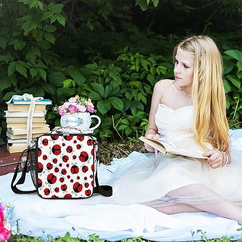 Miniatura 5 de Lonchera aislada con diseño de mariquita de dibujos animados, con correa para el hombro, para mujeres, hombres, niños y niñas, duradera,