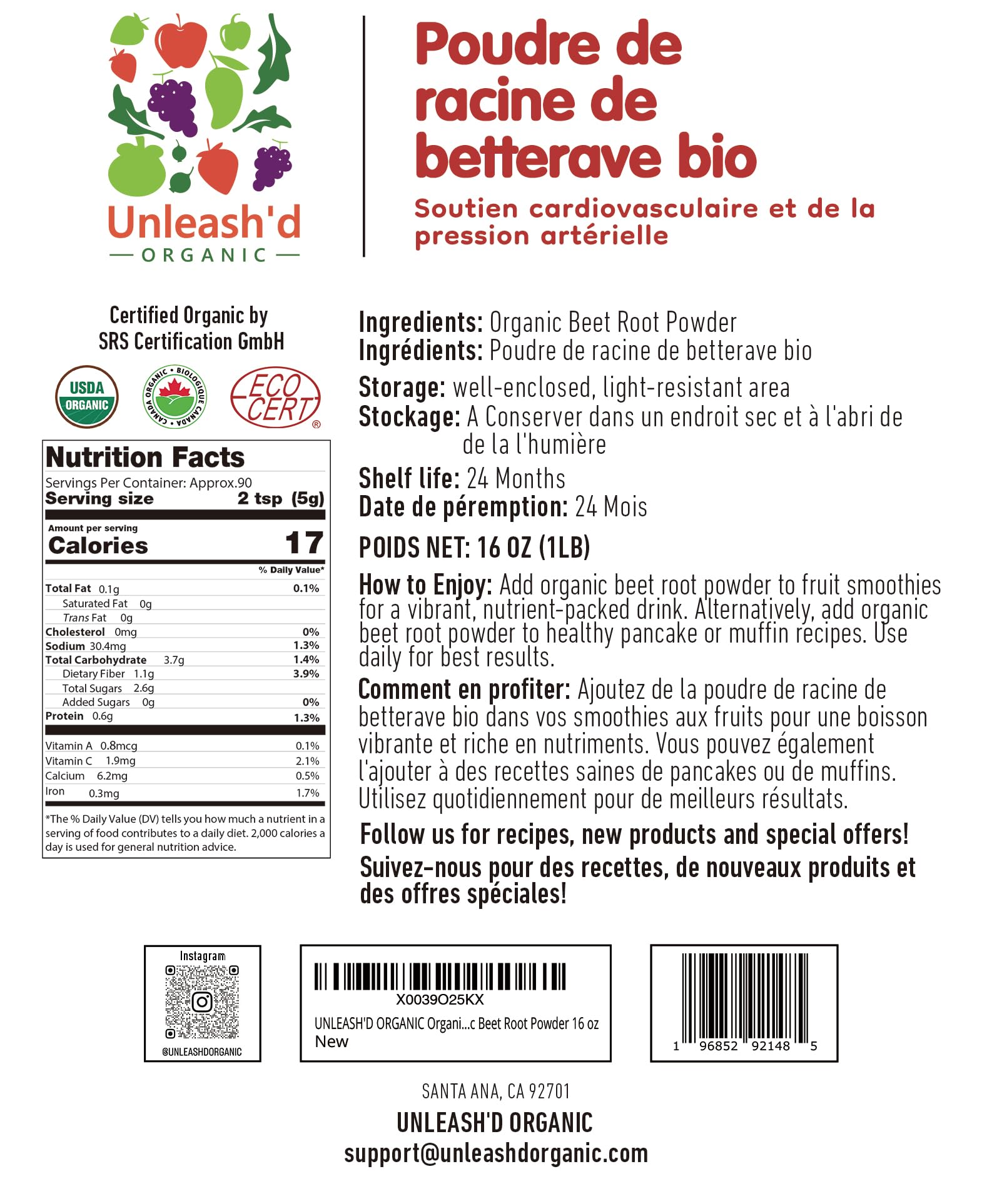 Unleash’d Organic Beet Root Powder 16 oz – 100% Pure Raw Superfood, Non-GMO, Nutrient-Rich Energy & Circulation Support — Amazon image 2