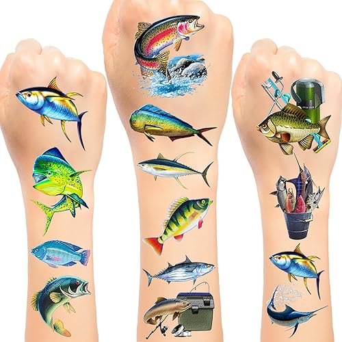 20 hojas (120 piezas) de tatuajes temporales de peces desaparecidos de pesca, recuerdo de fiesta para fiesta de cumpleaños, decoración de fiesta de