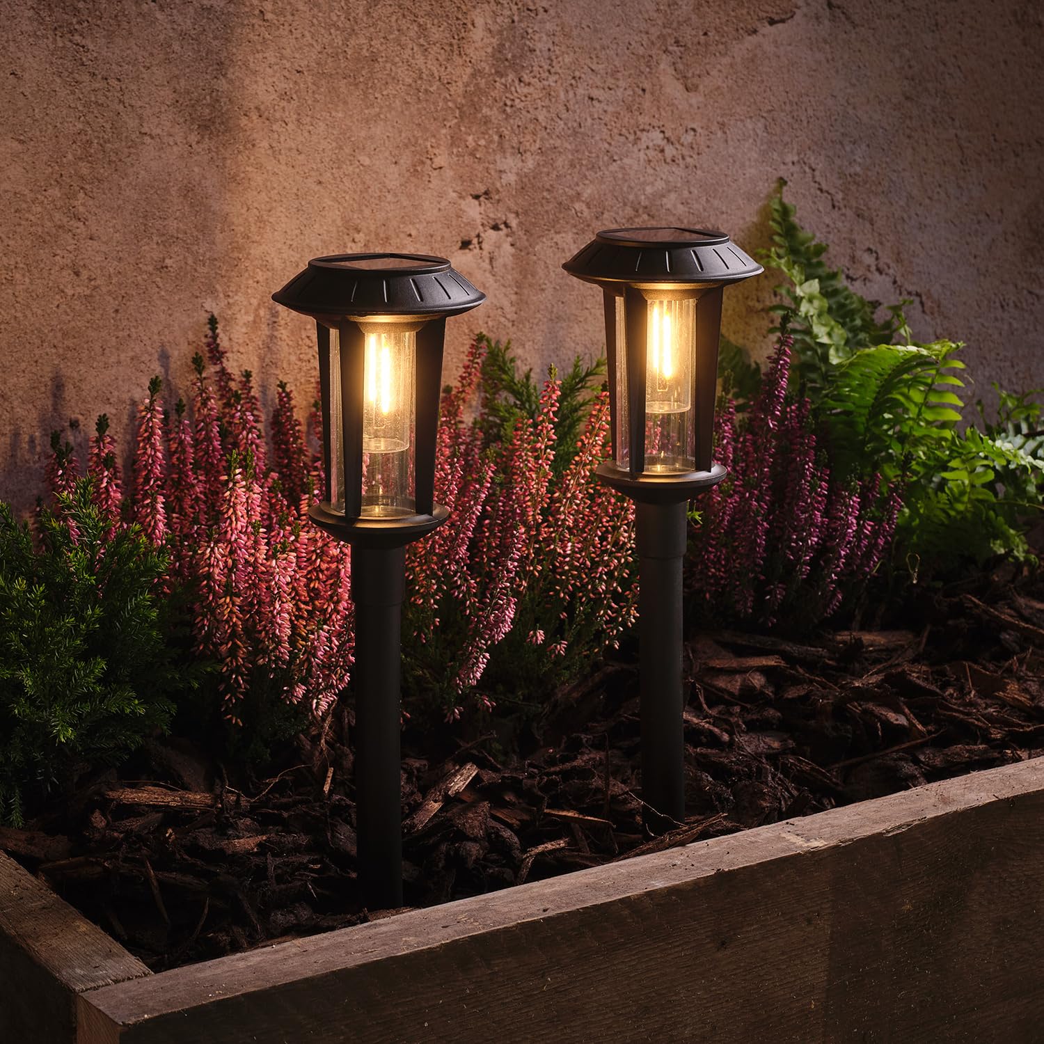 Lights4fun Set of 2 Syon Solar Stake Lights with Warm White LEDs, Outdoor Garden Lights for Pathways & Patio Décor