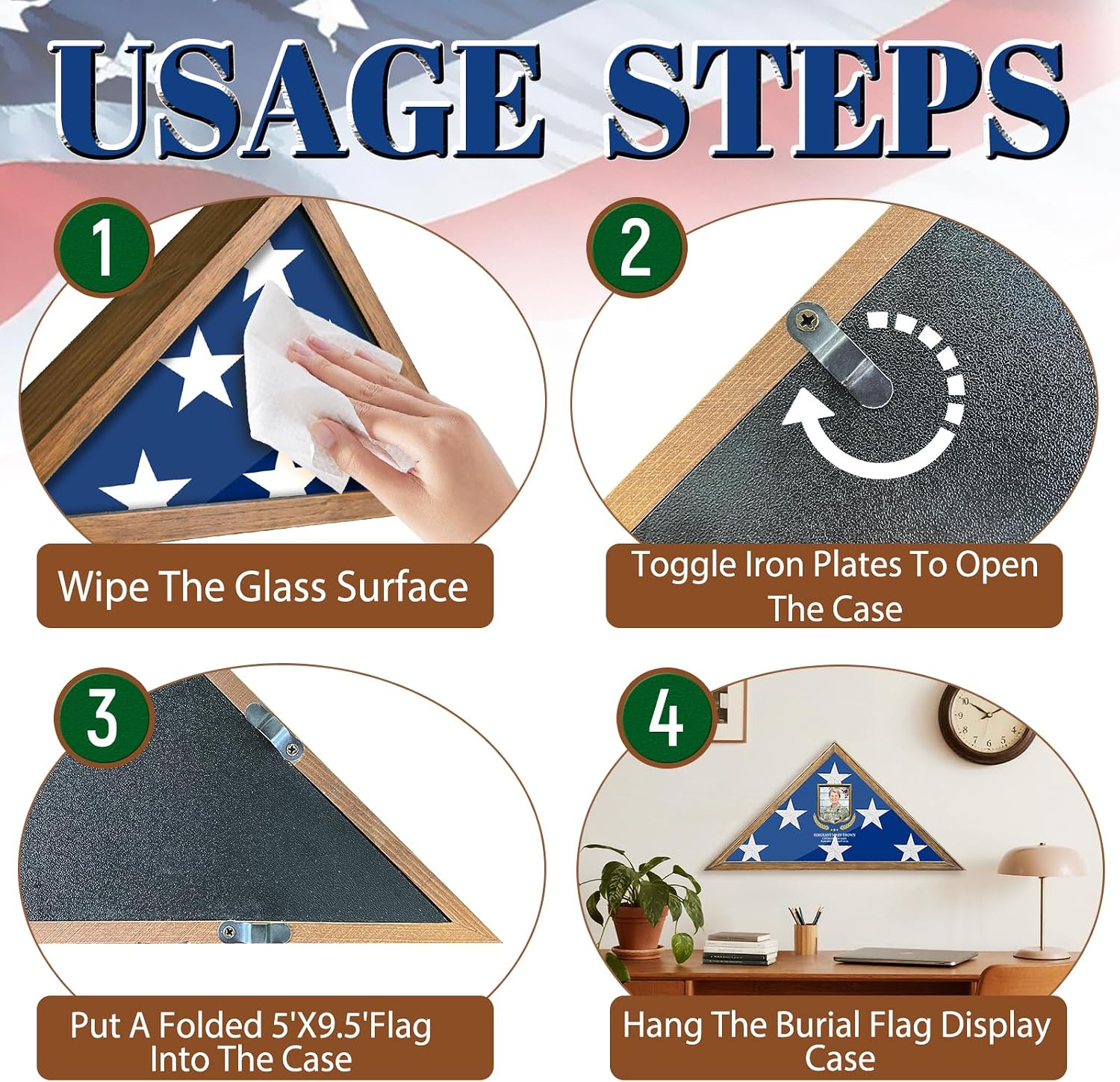 Personalized Military Burial Flag Display Case Custom Engraved Veteran Memorial Shadow Box with Solid Wood Frame and Acrylic Front Customized Photo Insignia Wall/Tabletop Honor Display