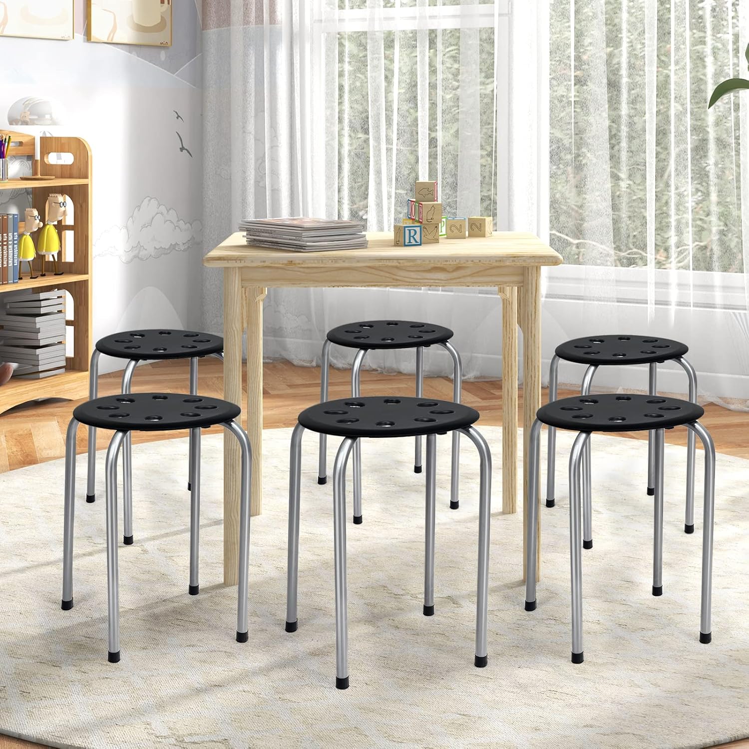 HONEY JOY 6 Pack Stackable Stool, 17.5” Kids Stacking Decoration Stool Set w/Metal Frame & Plastic Seat, Backless Round Flexible Seating for Children's Table, School, Classroom(6 Piece, Gray)