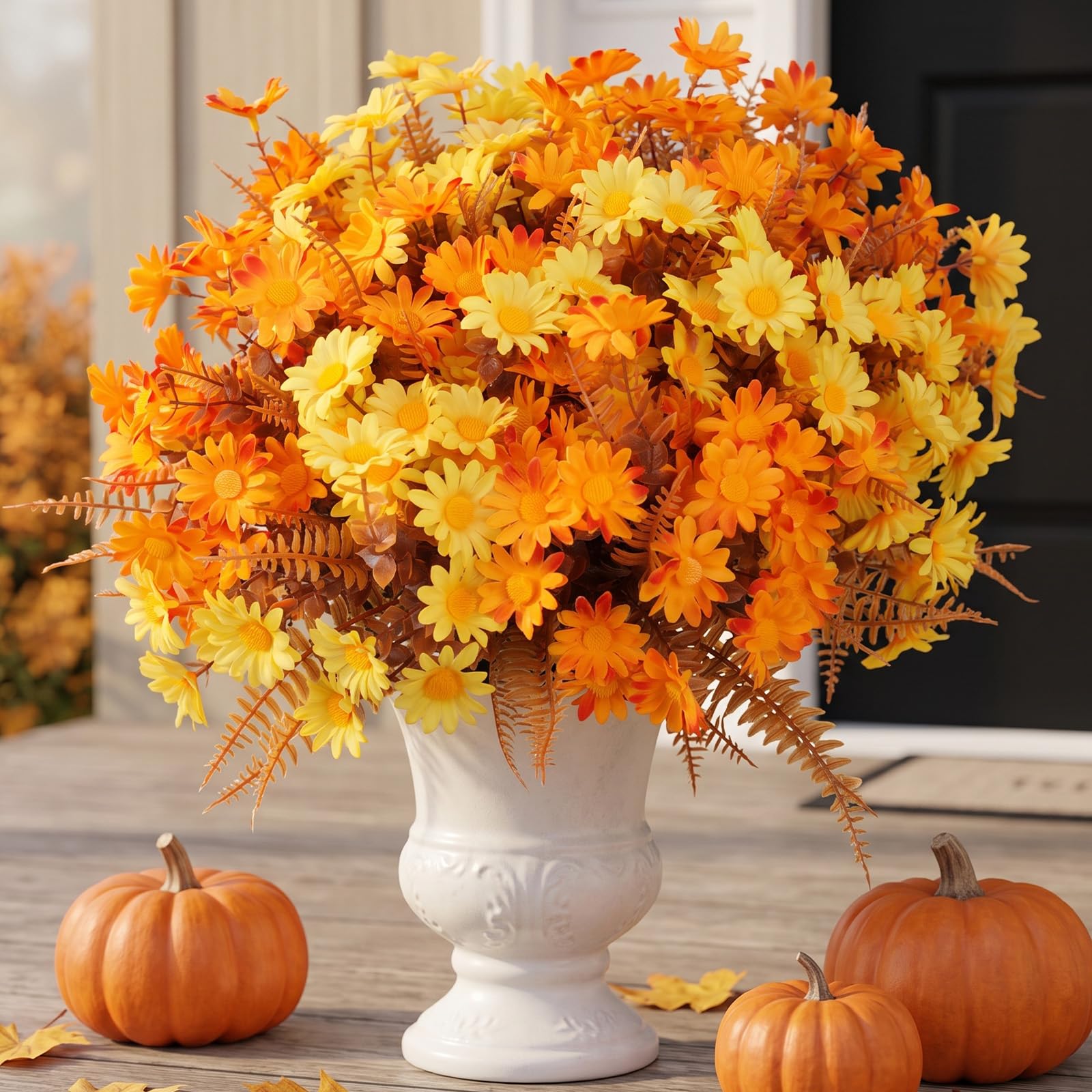 Autumn Flowers Artificial 10 Bundles, Faux Fall Daisy Flowers with Boston Ferns for Outdoor Indoor, UV Resistant Fake Autumn Artificial Flowers for Thanksgiving Wedding Party Home Garden Decor