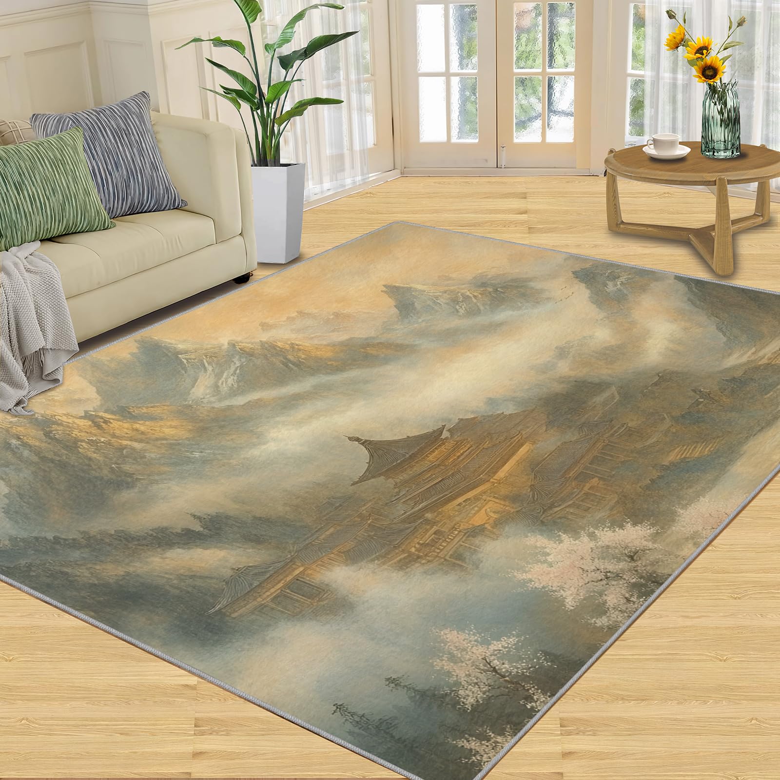 FBRUIEG Classical Architecture Rugs for Girls Room, Mountain Ancient Painting Area Rug, Washable Bedroom Rug for Sofa Under Living Room Home Decor Floor Mat 60x110cm