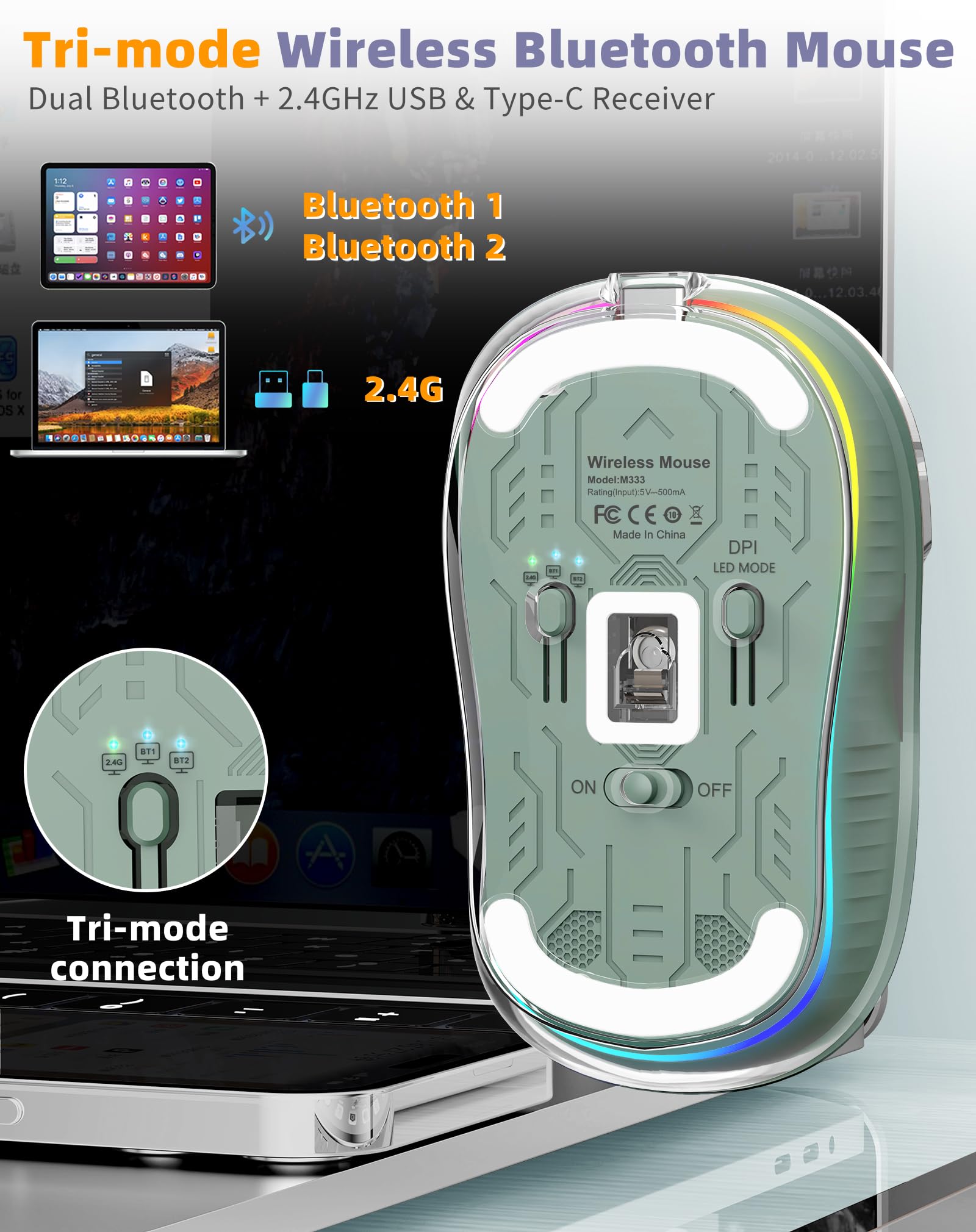 Bezprzewodowa mysz Bluetooth, przezroczysta mysz RGB Tri-Modes, Bluetooth i 2,4 GHz do wielu urządzeń, odbiornik USB-C idealna do MacBooka/laptopów, do ładowania, cicha, przenośna, fajna dioda LED