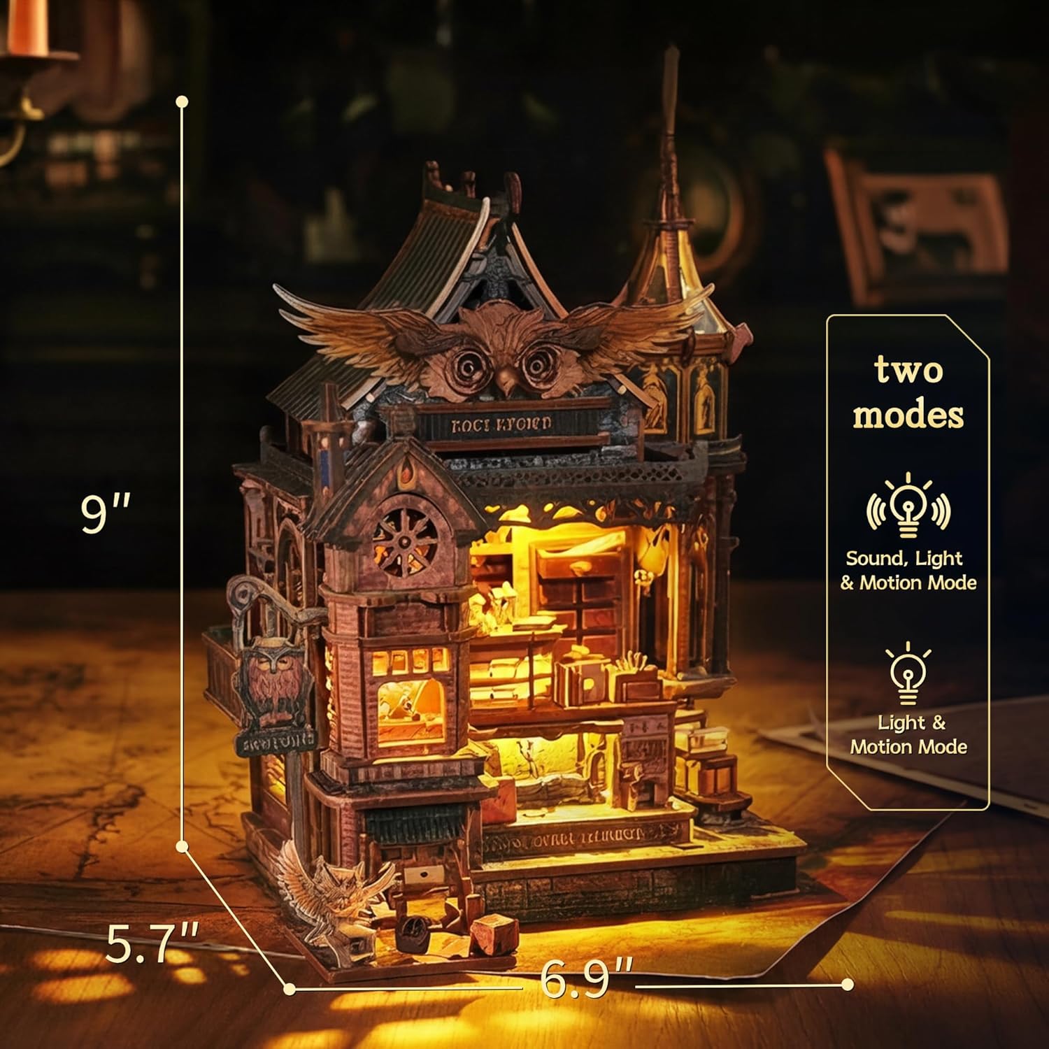 LED 3D Wood Puzzle Owl Post Office, Dynamic Model with Mechanical Gears, DIY Miniature Kit with Music and LED Lights, Home Décor Gift for Adults and Teens