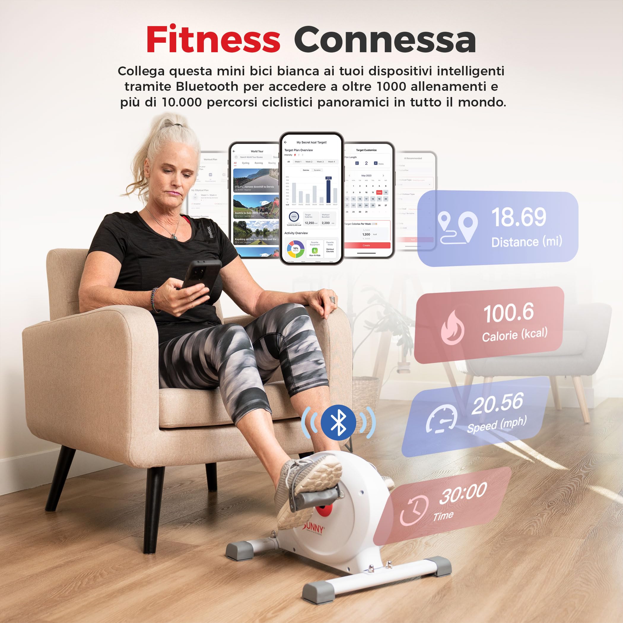 Sunny Health & Fitness Mini Bike Smart Sotto Scrivania per Braccia e Gambe | App SunnyFit, Pedalata Bidirezionale, Basso Impatto Allenamento su Cyclette, Riabilitazione e Recupero, Silenziosa, Portatile