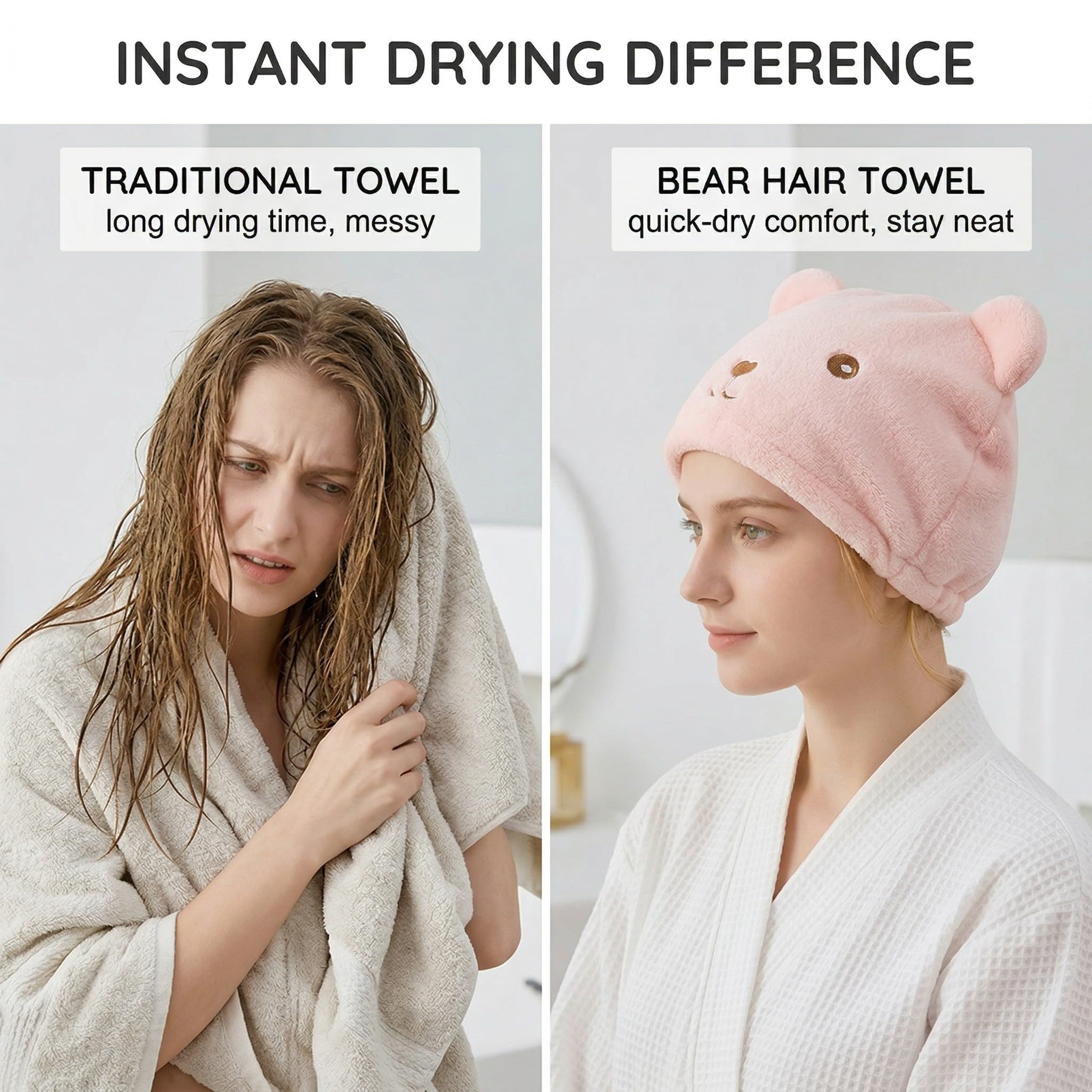 Set di 2 Turbanti in Microfibra per Capelli, Asciugamani a Cuffia Orsetto a Asciugatura Rapida, Cuffia Absorbente e Morbida per Donna e Bambini, Accessorio Bagno (Rosa e Nero)