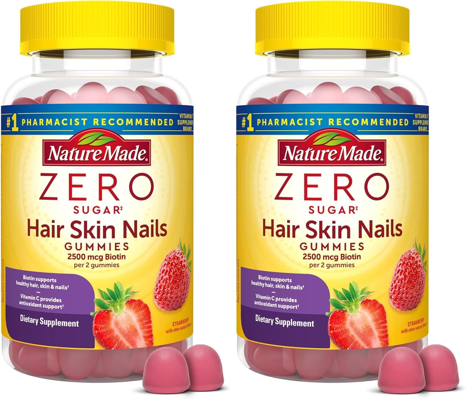 Nature Made Zero Sugar Hair Skin Nails Gummies,Biotin 2500 mcg per Serving,120 Sugar Free Gummies,60 Day Supply,(Pack of 2)