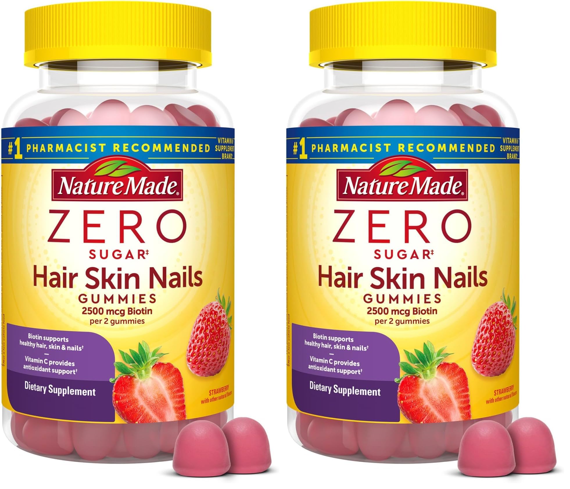 Nature Made Zero Sugar Hair Skin Nails Gummies,Biotin 2500 mcg per Serving,120 Sugar Free Gummies,60 Day Supply,(Pack of 2) 120 Count (Pack of 2)