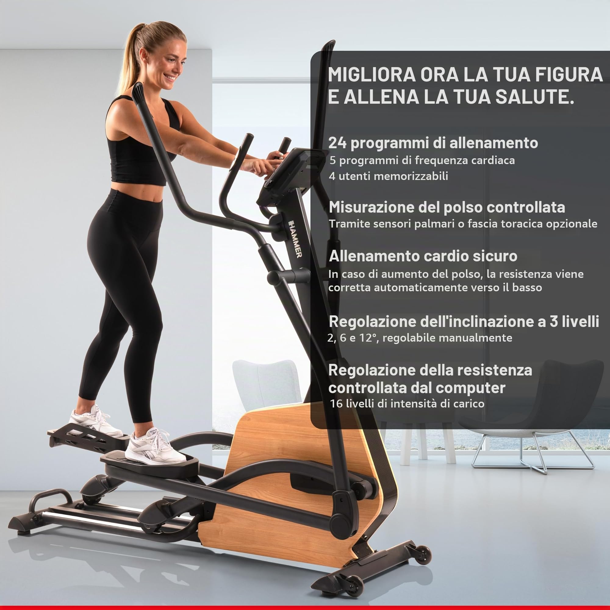 HAMMER Allenatore ellittico CrossPace 5.0 NorsK, pendenza 3x, 24 programmi, 20 kg di volano, Kinomap & Zwift