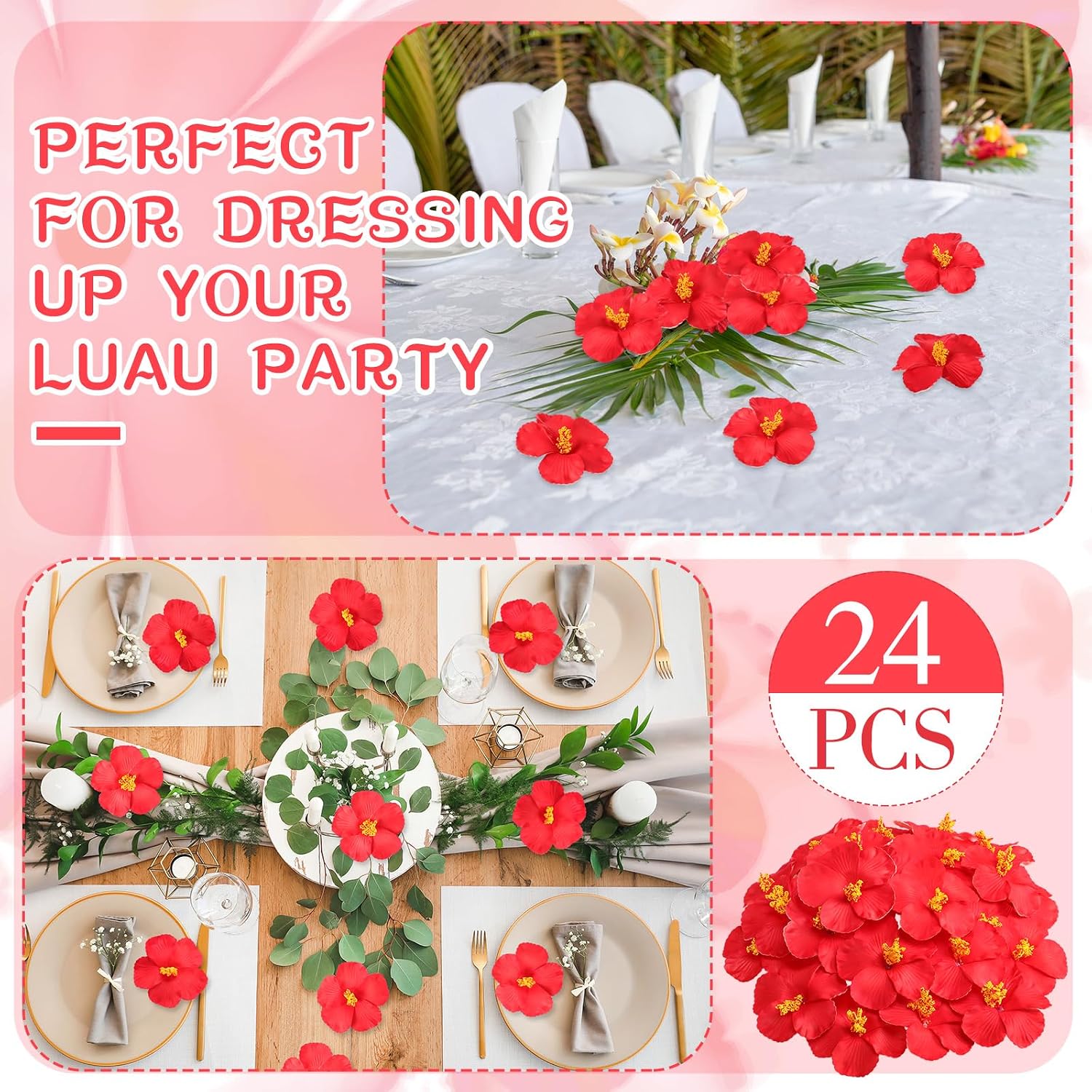 Hotop 24 Pcs Artificial Hibiscus Flowers Red Hawaiian Fake Flowers Faux Tropical Hibiscus Decoration for Luau Summer Party Decor DIY Crafts Cake Favors Supplies Table Centerpieces