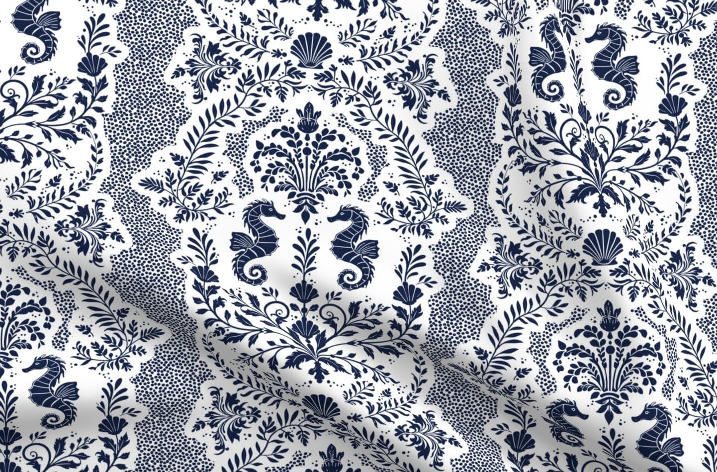 Spoonflower Fabric - Nautical Damask Navy Blue Coastal White Seahorse Ocean Life Seashell Printed on Petal Cotton Fabric Fat Quarter - Sewing Quilting Apparel Crafts Decor