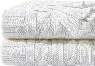 NTBAY 100% Pure Cotton Cable Knit Throw Blanket 51x67 - Super Soft Warm Knitted Blanket for Couch Sofa Bed, Machine Washable White