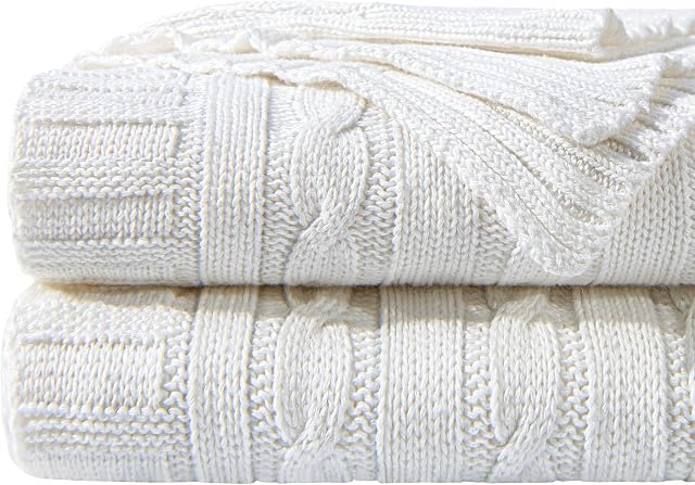 NTBAY 100% Pure Cotton Cable Knit Throw Blanket, Super Soft Warm 130x170 Knitted Throw Blanket for Couch, Sofa, Chair, Bed - Extra Cozy, Machine Washable, Comfortable Home Decor, White, 130x170 cm