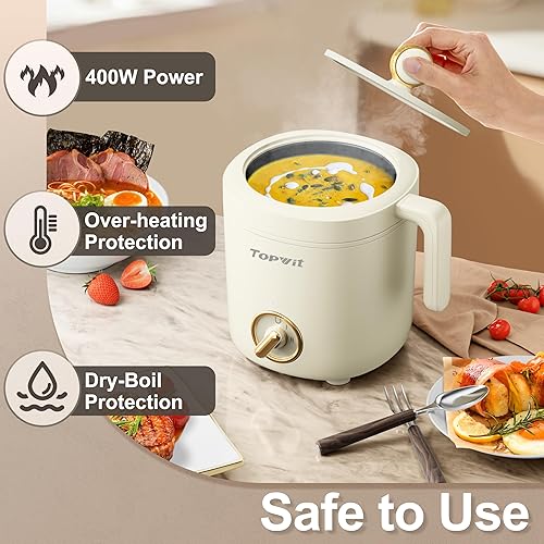 Miniatura 6 de TOPWIT Olla eléctrica para cocinar, olla de ramen de 1.2 L, olla portátil antiadherente para fideos para pasta, sopa, filete, avena, artículos