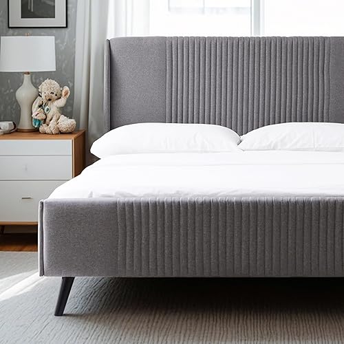 Livinia Sunset - Cama de plataforma con respaldo de alas, base de cama tapizada de tela con cabecera de canal vertical, listones de madera fuertes,