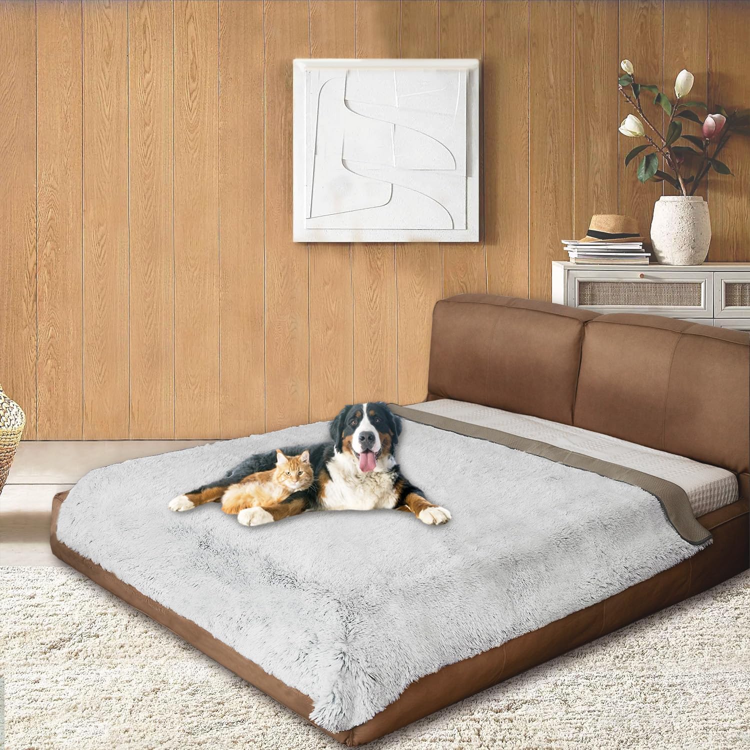 Snugglesinto Dogs/Cats Bed Mats, Dog Pad Washable Removable Couch Cover with Anti-Slip Back, Plush Long Fur Mat, Perfect for Small, Medium and Large