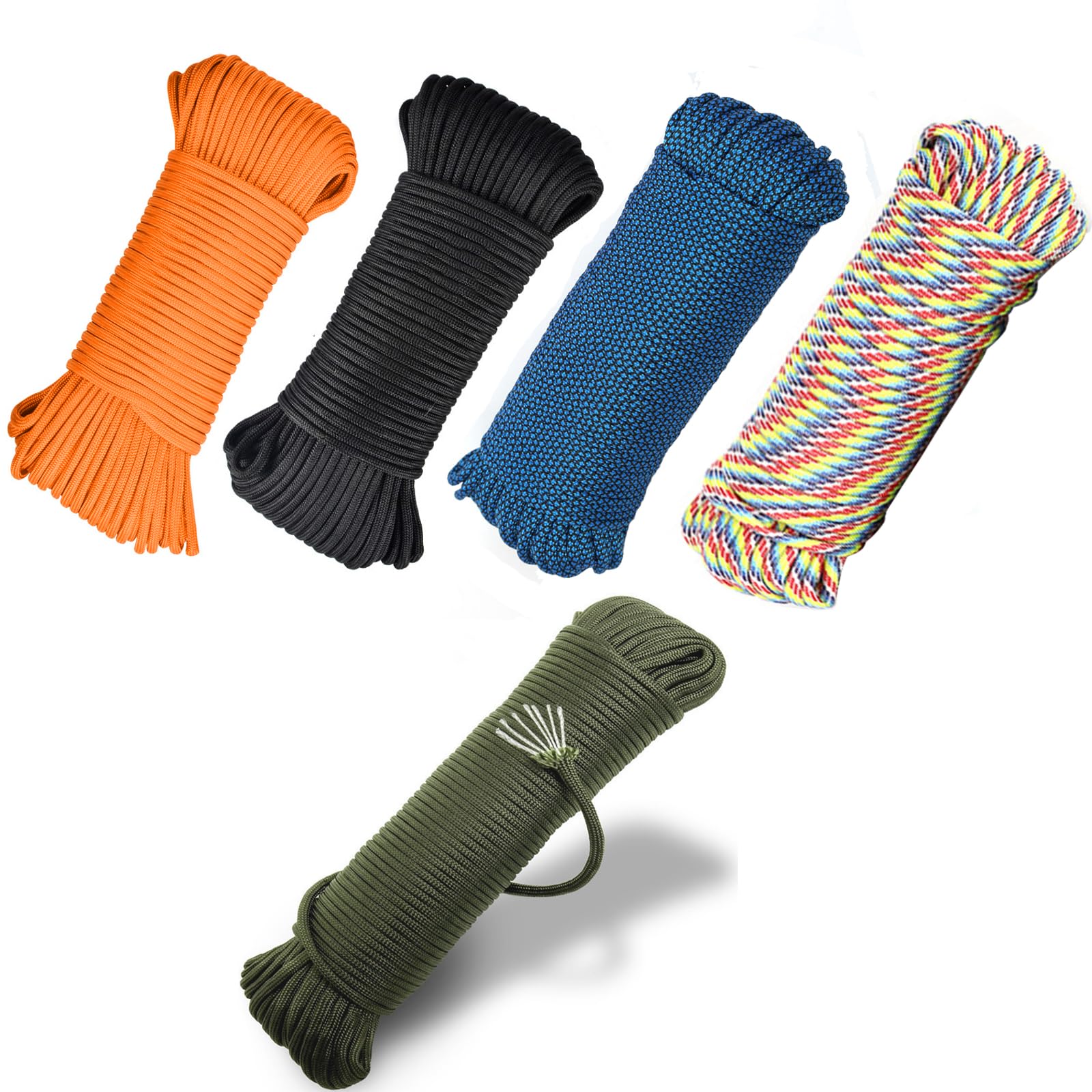 5 Pcs 19ft/6m Nylon Rope, 7 Inner Strands Long Lasting Paracord, Nylon Cord for Outdoor Survival, Camping, Lanyards, Keychain, Dog Collar, DIY Craft