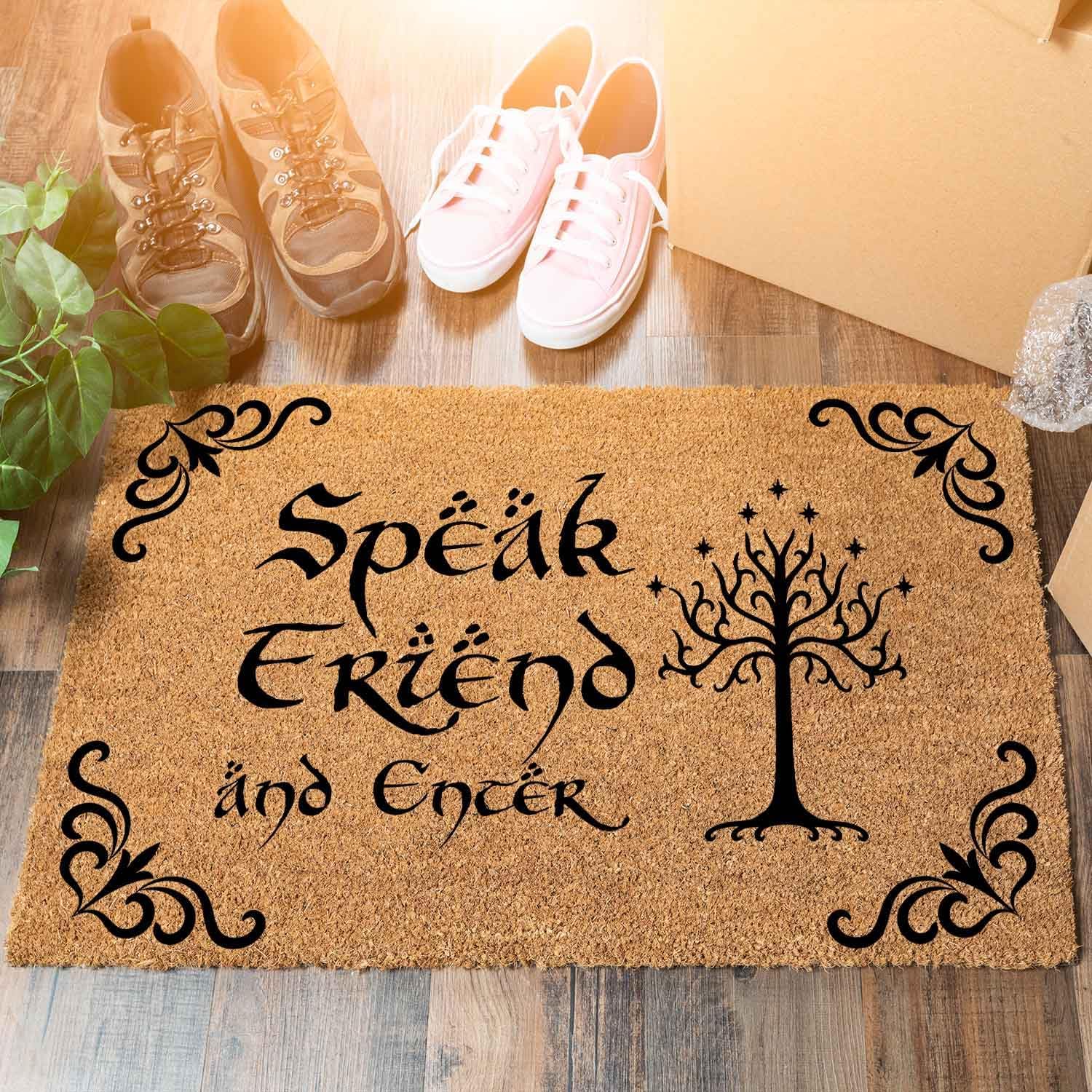 Coir Doormat 'Speak Friend and Enter' Lord of the Rings Welcome Mat, 23.6 x 15.7 inch, Tufted, Letter Print, Water Repellent, High Pile, Handmade, Rustic