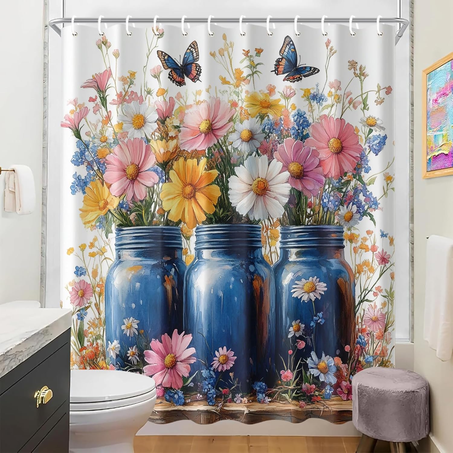 Mason Jar Floral Shower Curtain 72x72 Inch Wildflower Watercolor Print Bathroom Curtain Country Farmhouse Rustic Blue Jar Botanical Decor for Cottage Bath Tub Shower Accessories