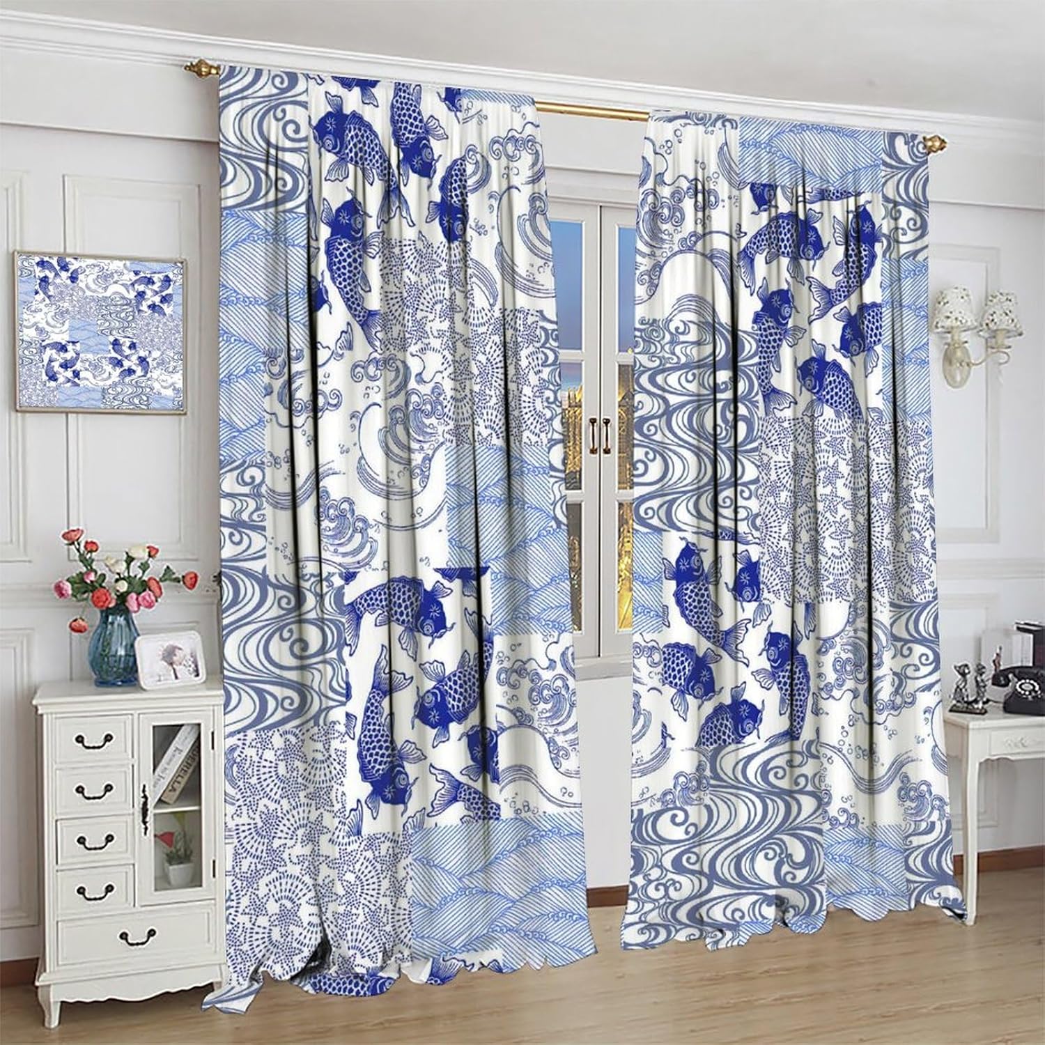 Asian Japanese Blackout Curtains, Japanese Patchwork Arts Craft Pattern Nature Botanic Wildlife Window Drapes, for Living Room Bedroom 52" W X 84" L