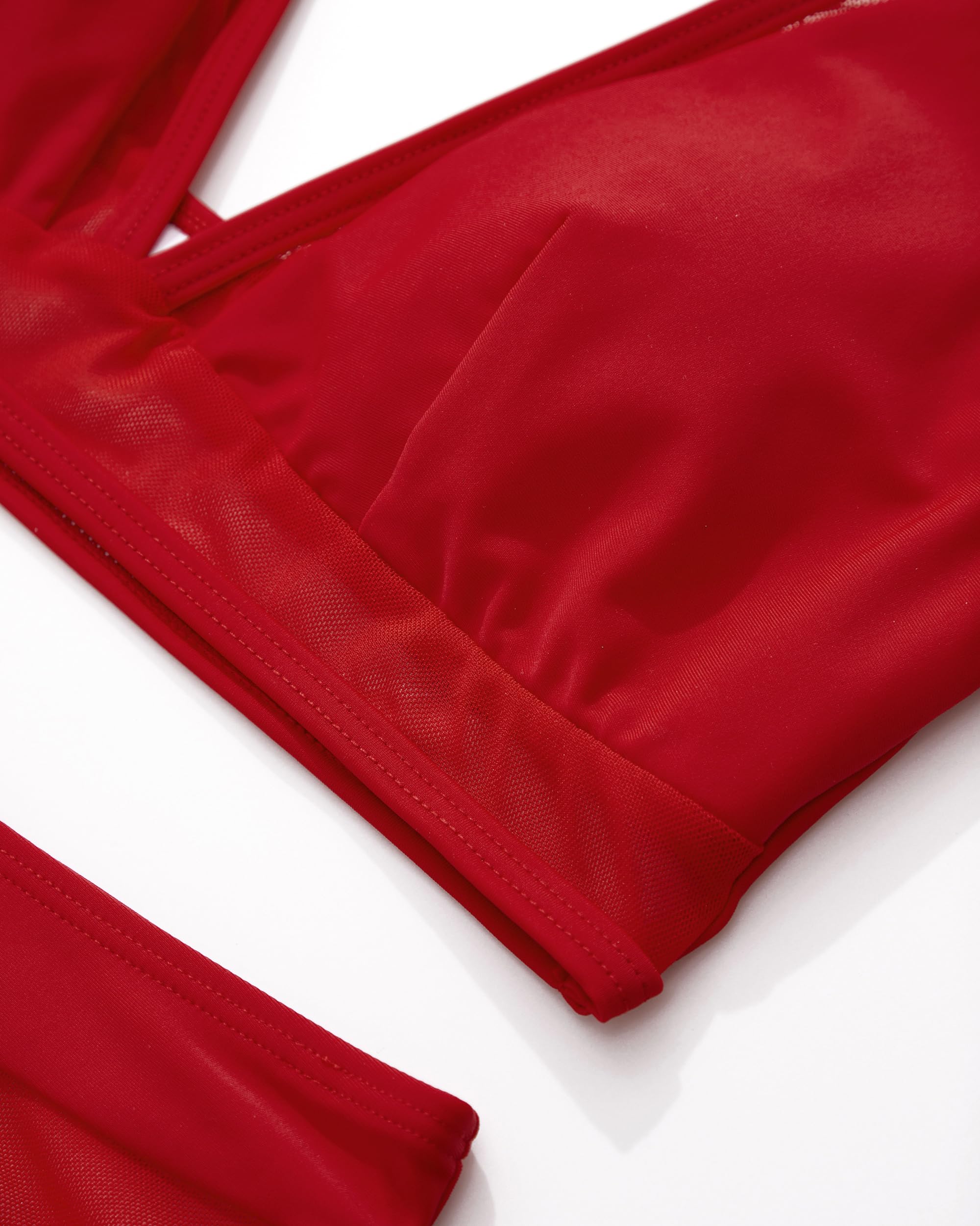 RXRXCOCO Conjunto de bikini de malla para mujer, espalda descubierta, cintura alta, push up, sexy, cuello en V, traje de baño de dos piezas, rojo, L