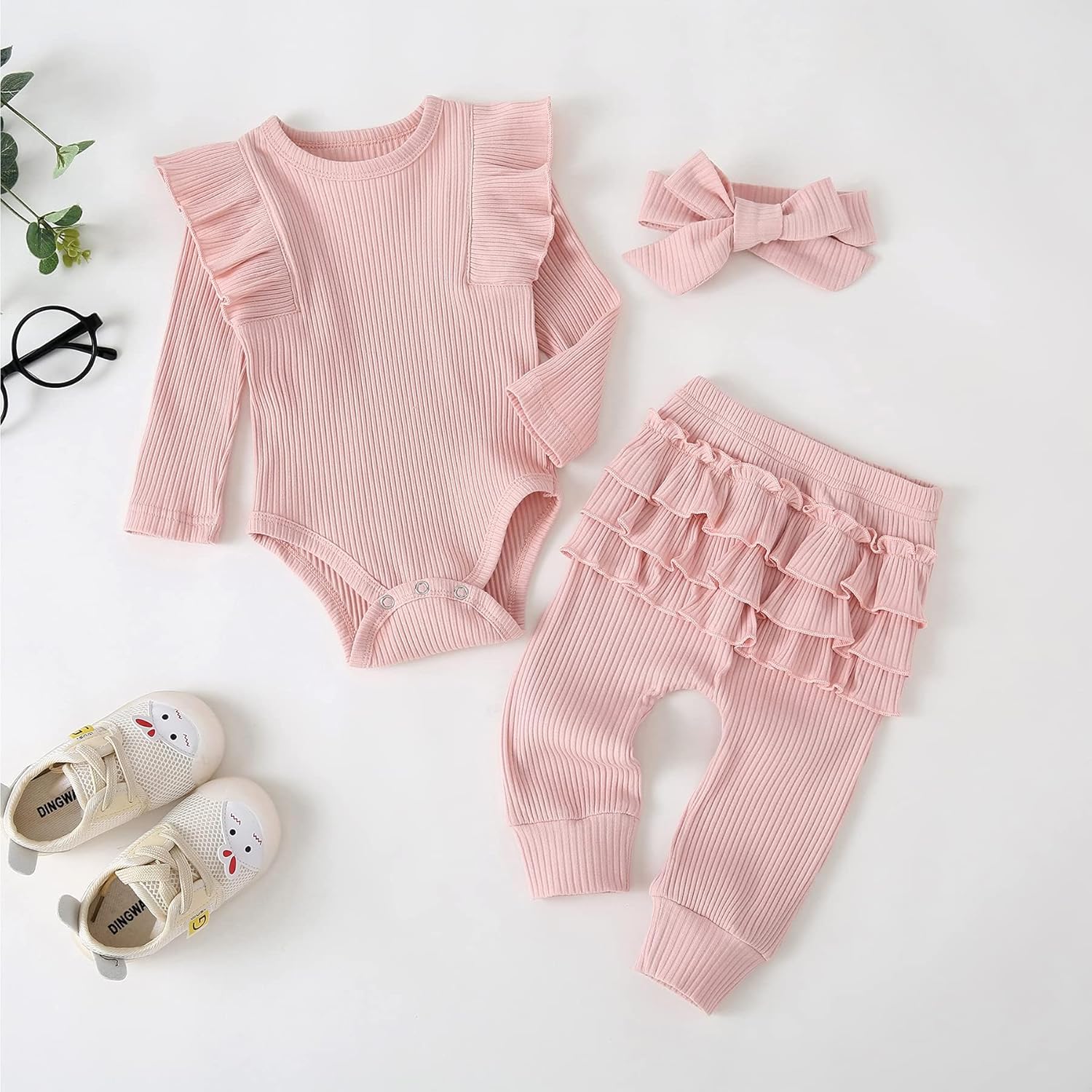 Fullfamous Baby Girl's 3pc Rib Frill Long Sleeve Romper and Pant Set - Image 2