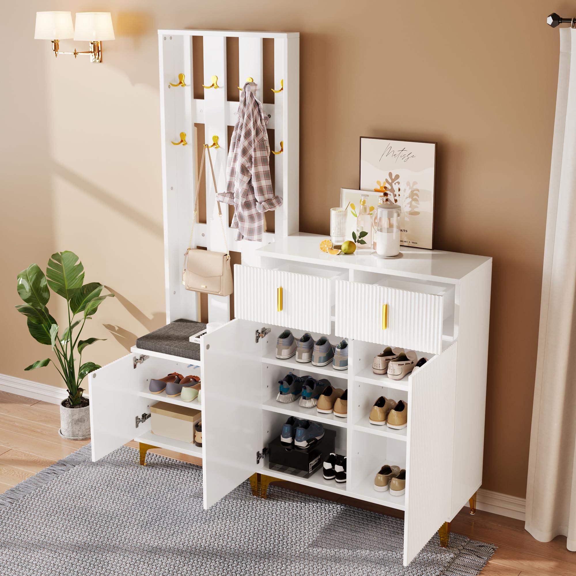 Garderobenset Wandgarderobe mit Schuhbank und Kissen, Schuhschrank Flurgarderobe, Kompaktgarderobe 143,2x180,5x35,2cm Weiß