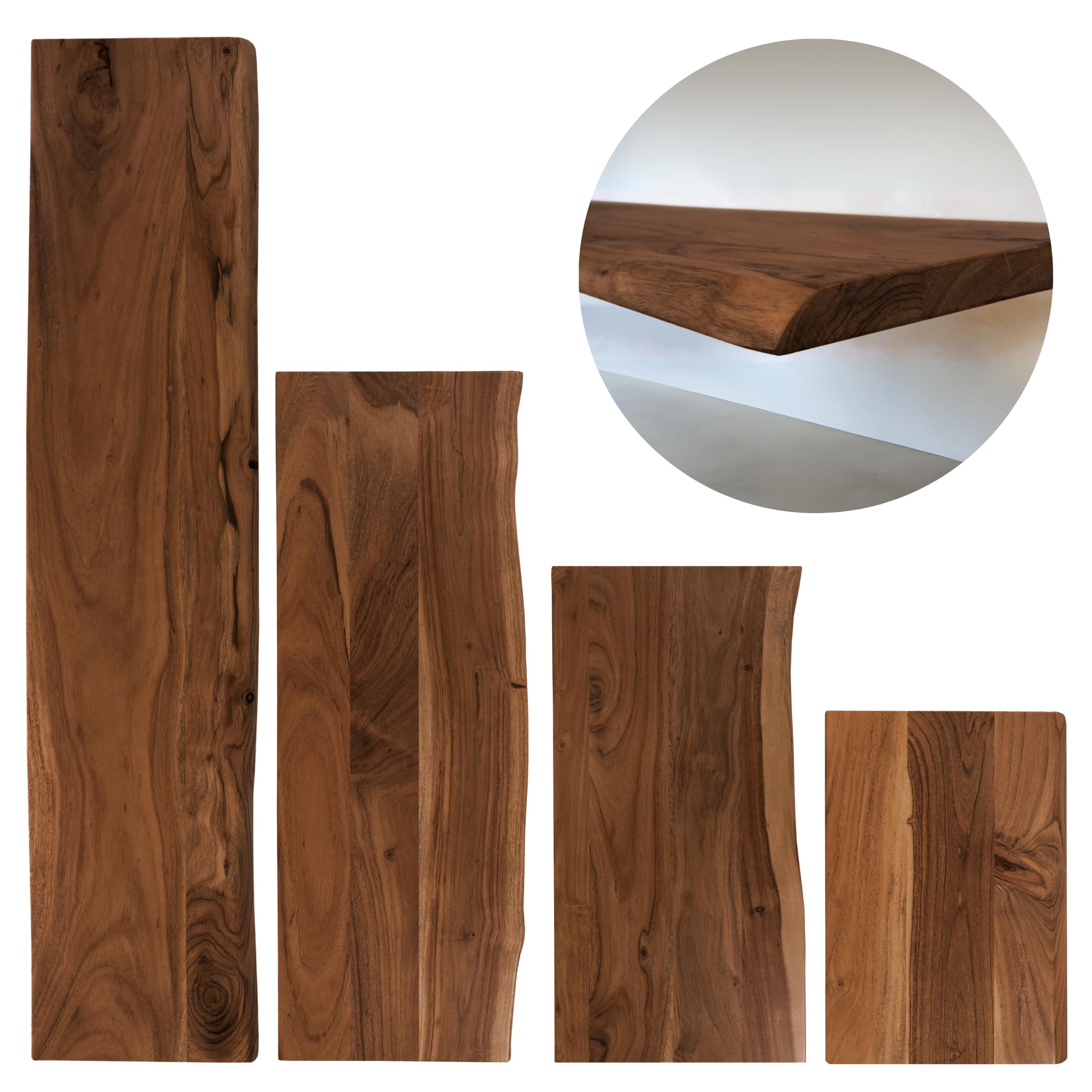 Holzplatte 30x30 cm, Akazienholz massiv 26mm, Tischplatte nussbaumfarben, Baumkantenplatte für Regale und Rückenlehne Bank, einseitige Baumkante