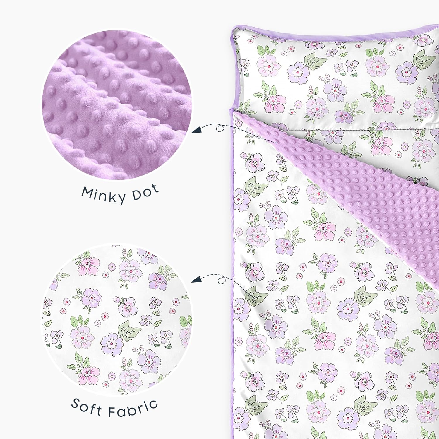 Wake In Cloud - Toddler Nap Mat with Pillow and Minky Fleece Blanket, for Kids Girls Ages 3 Plus in Daycare Preschool Kindergarten, Roll Up Sleeping Bag, Vintage Ditsy Floral