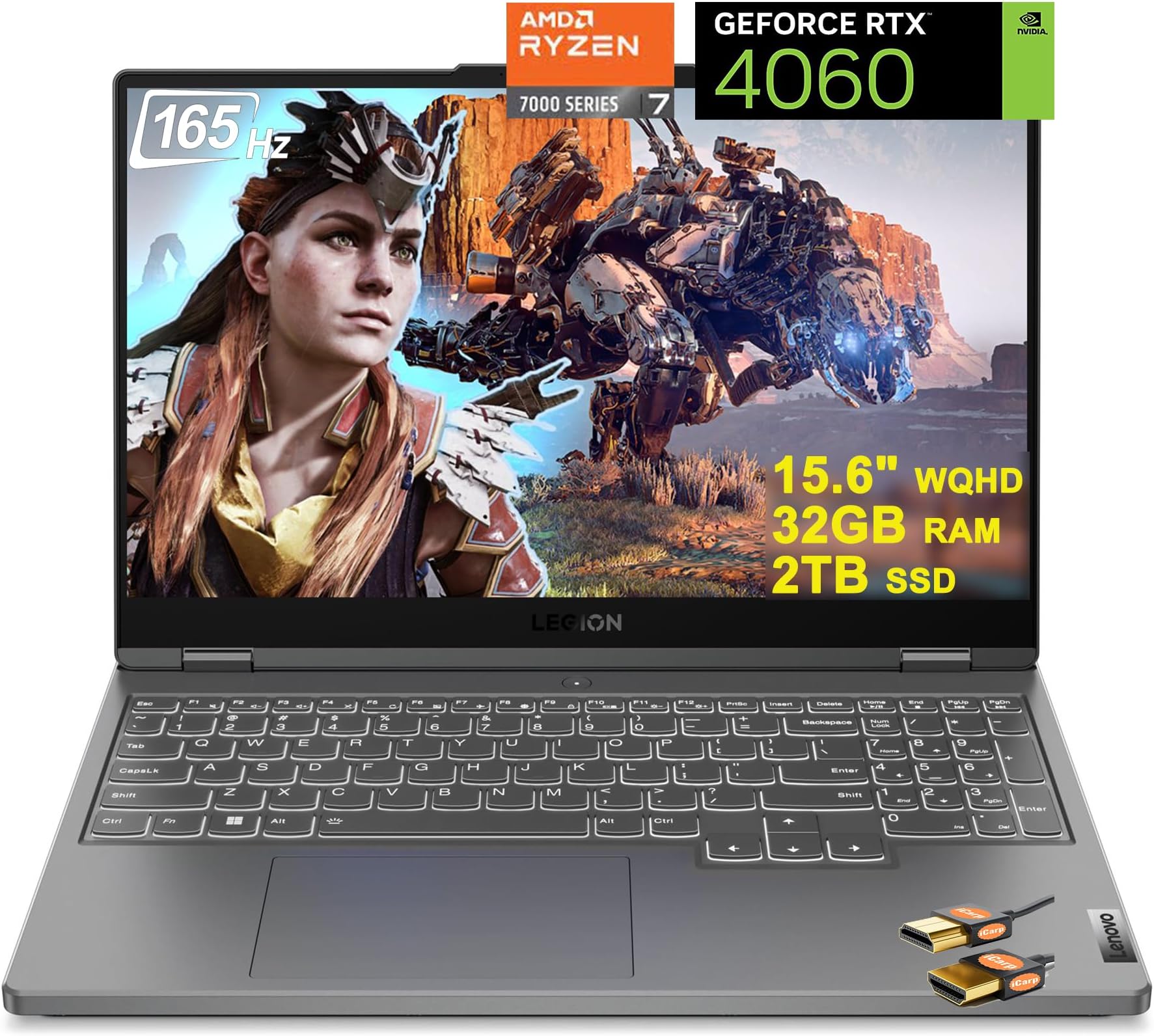 Lenovo Legion 5 15.6 Inch Gaming Laptop, WQHD IPS 165Hz 350nits 100% sRGB AMD Octa-Core Ryzen 7 7735HS 32GB RAM 2TB SSD GeForce RTX 4060 8GB USB-C Backlit Fast Charge Win11 Grey