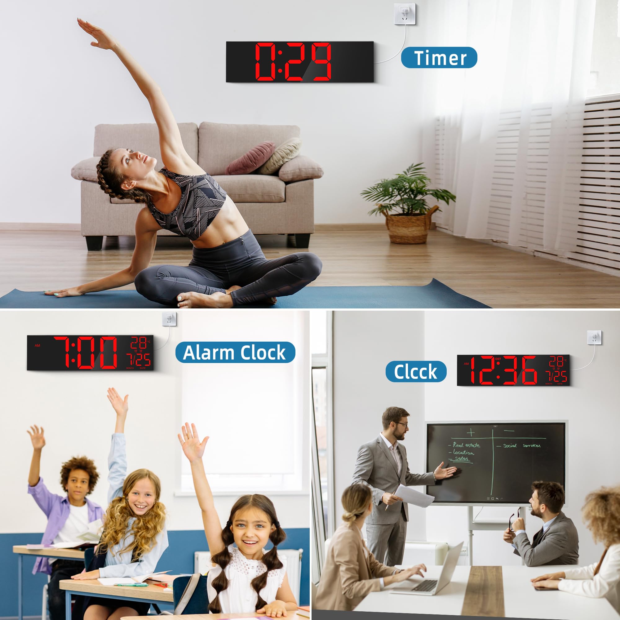 MAXSTAR 30 "Reloj de pared digital extra grande con pantalla LED roja/azul/blanca y control remoto, alarmas duales,temporizador,DST,temperatura, luz nocturna para sala de estar/oficina/tienda/gimnasio