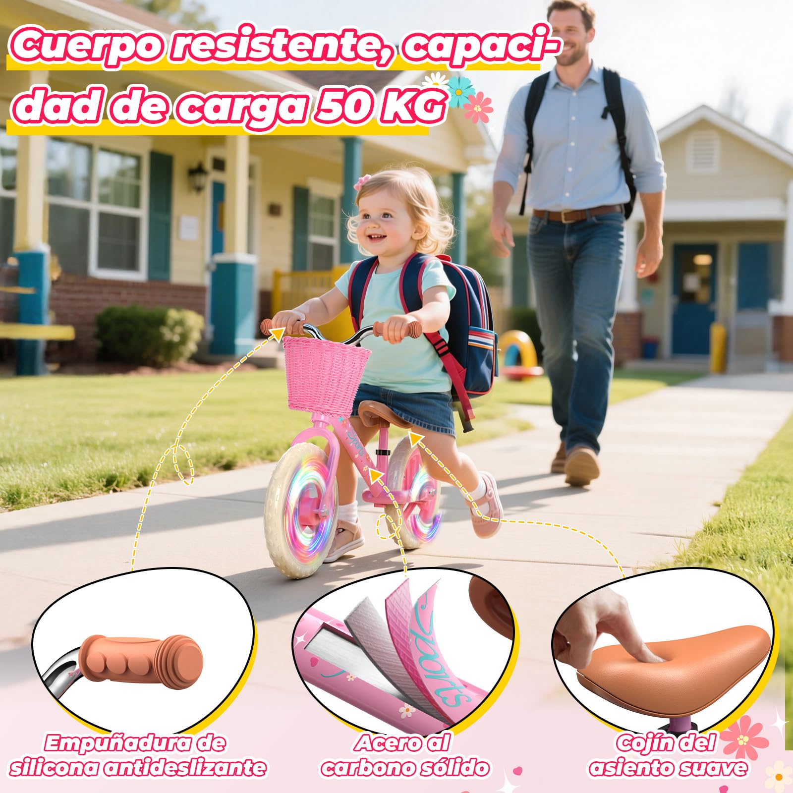 HappyGoLucky Bicicleta Niña 2-5 Anni, Bici Equilibrio Sin Pedales– Ruedas Luminosas/Altura Ajustable/Cesta De Tela, Bicicleta Equilibrio Juguetes Regalo Niños Niñas 2-5 Año Juegos Exterior