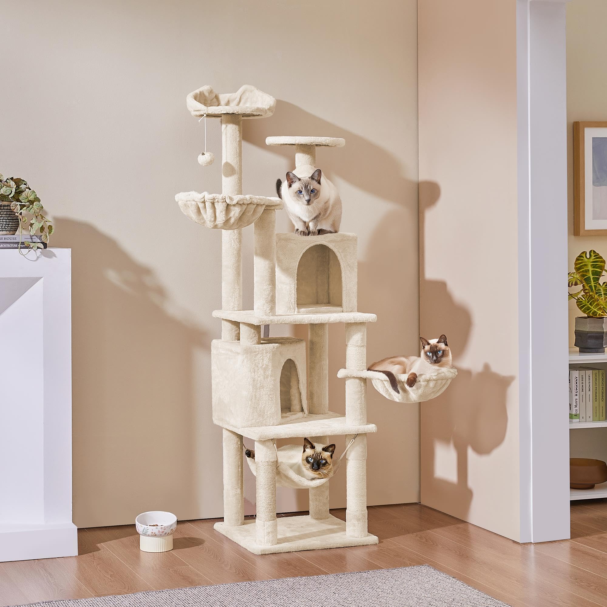 Abician Grand Arbre à Chat XXL 174.5cm, en Sisal, Tour pour Chats à Grimper avec 2 Cachettes/3 Plateformes/2 Paniers/Hamac, pour Chats Gros, Beige