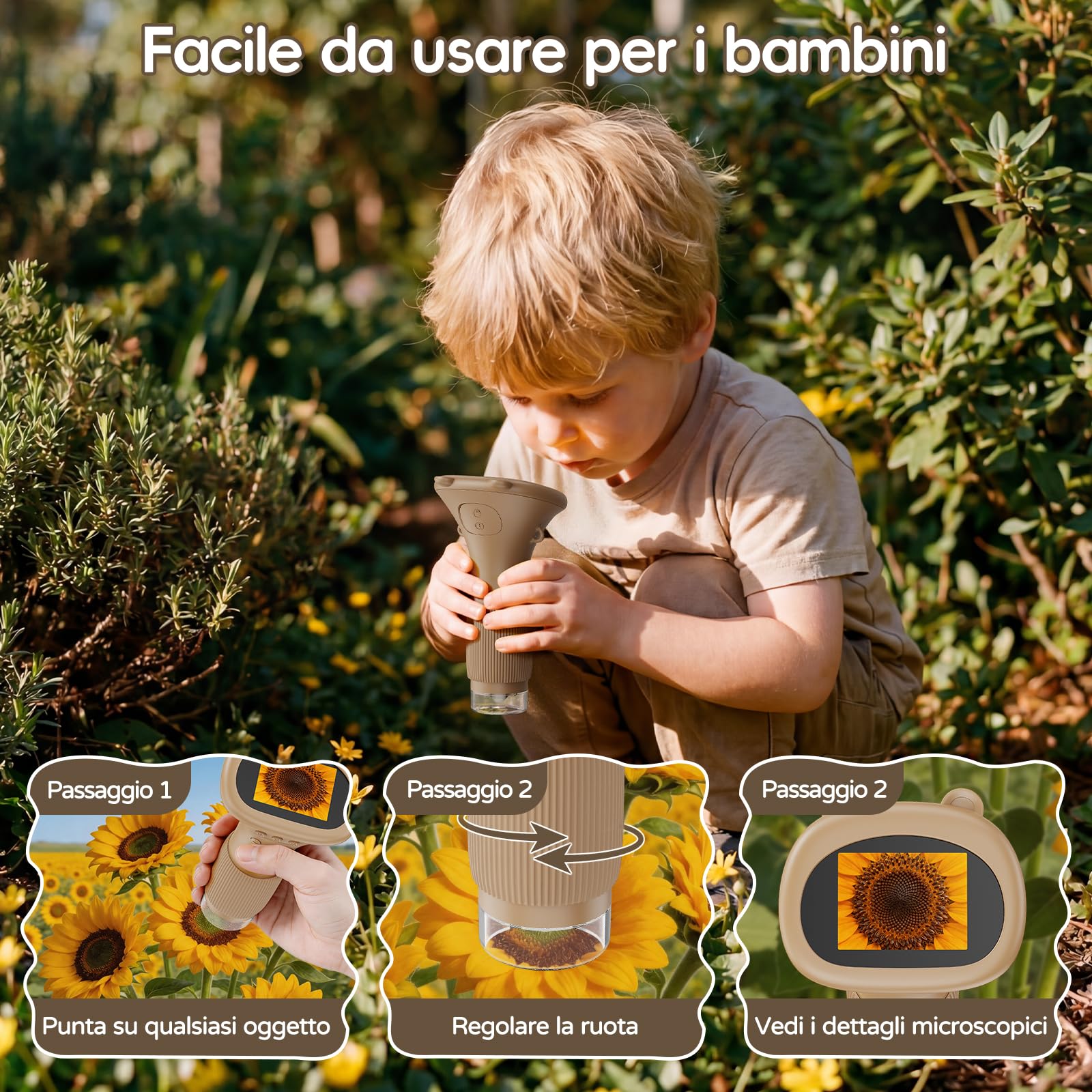 Microscopio Bambini Portable Zoom 1000X - Microscopio Digitale Mini Ricaricabile, Microscopi con Definizione 8 Luci LED Regolabili, Bambini Giocattolo Educativo, Regalo di Natale(Marrone)