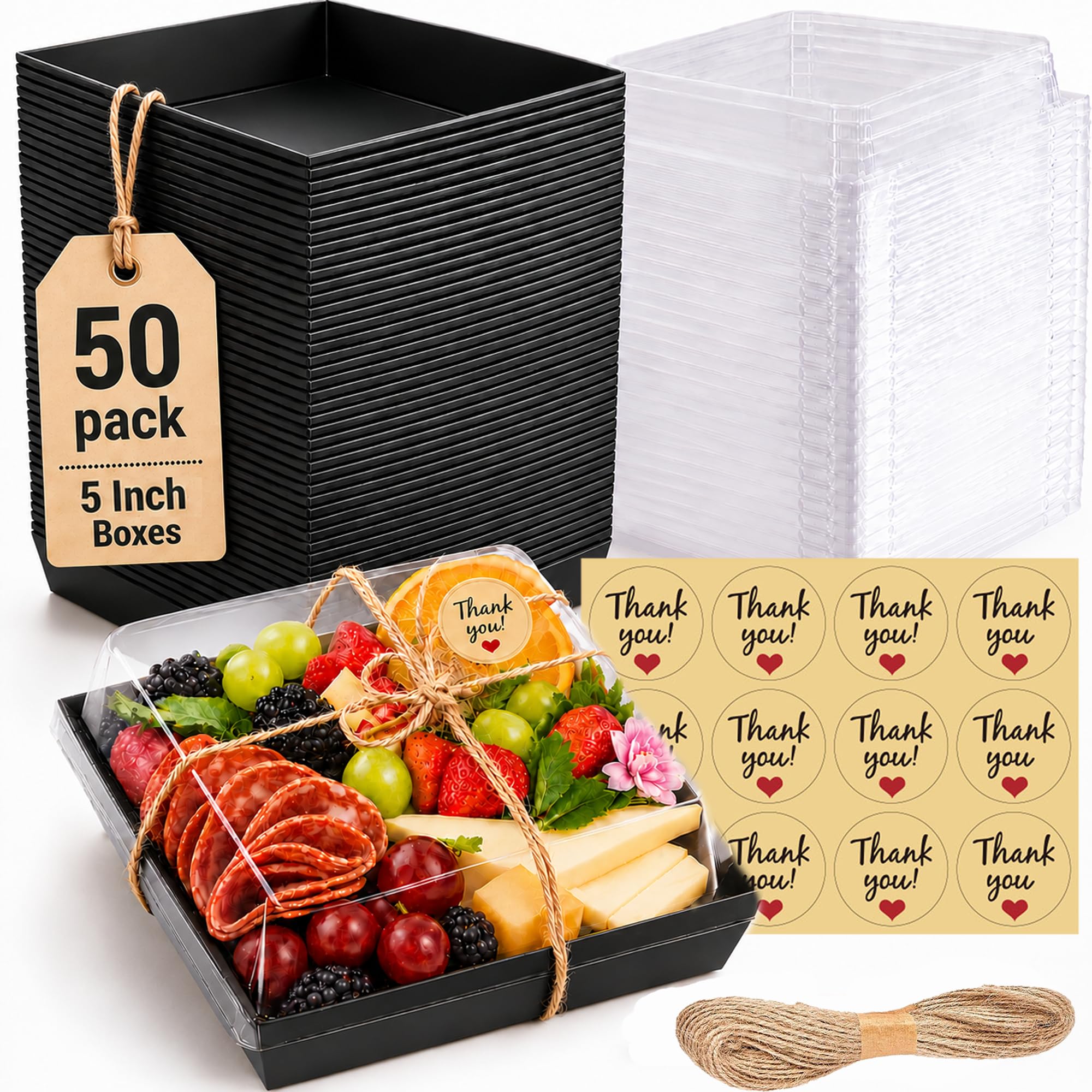 50 Pack 5in Small Charcuterie Boxes with Clear Lids, Mini Paper Containers
